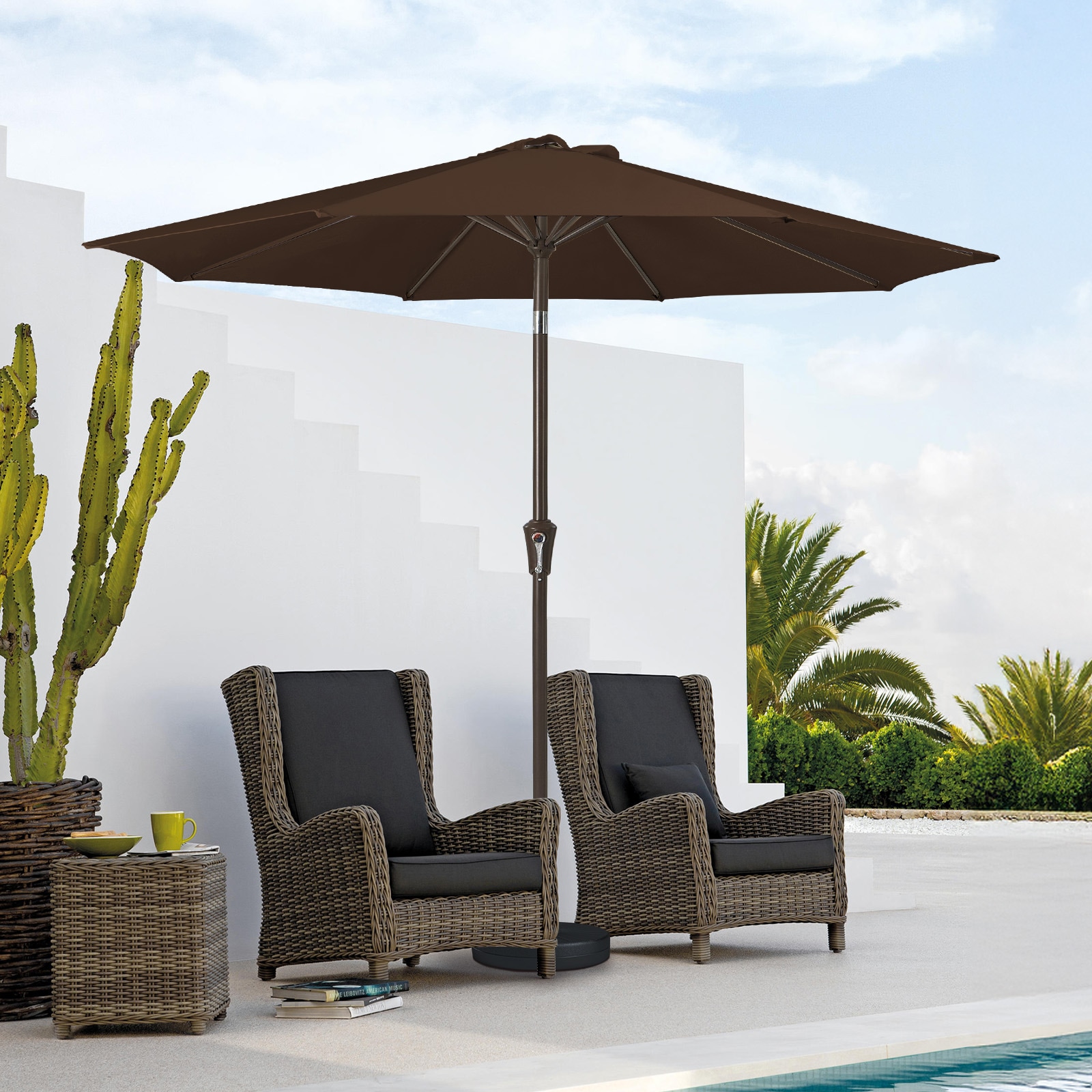 JEAREY JE-QTZZS-6.5X10FT-BL 9-ft Iron Brown Push-button Tilt Market Patio Umbrella