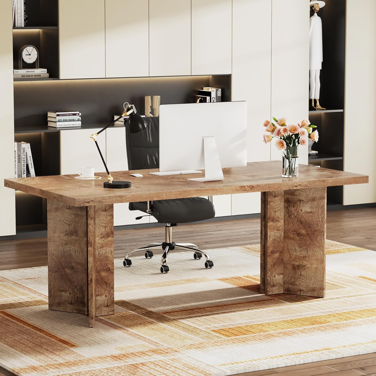 Tribesigns  63 inches Executive Desk Vintage Home Office Computer Desk with Large Tabletop Farmhouse Wood Writing Conference Table Workstation for Office Study Light Oak Brown