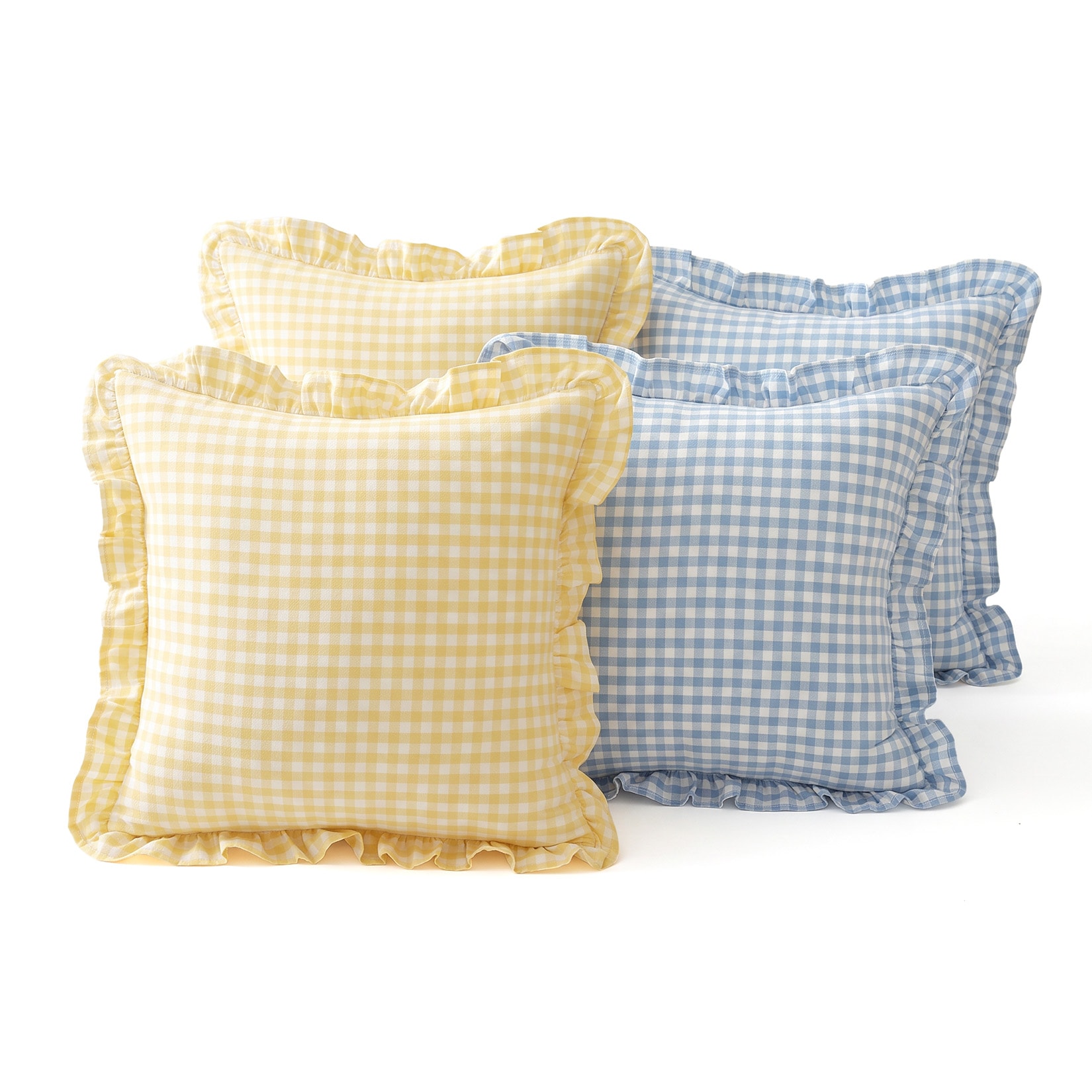 Garvee 4 Pack Gingham Ruffle Throw Pillow Covers 18x18 Set of 4 Washed Cotton Checkered Plaid Farmhouse Decorative Cushion Covers with Hidden Zipper for Sofa Couch Bedroom Blue and Yellow