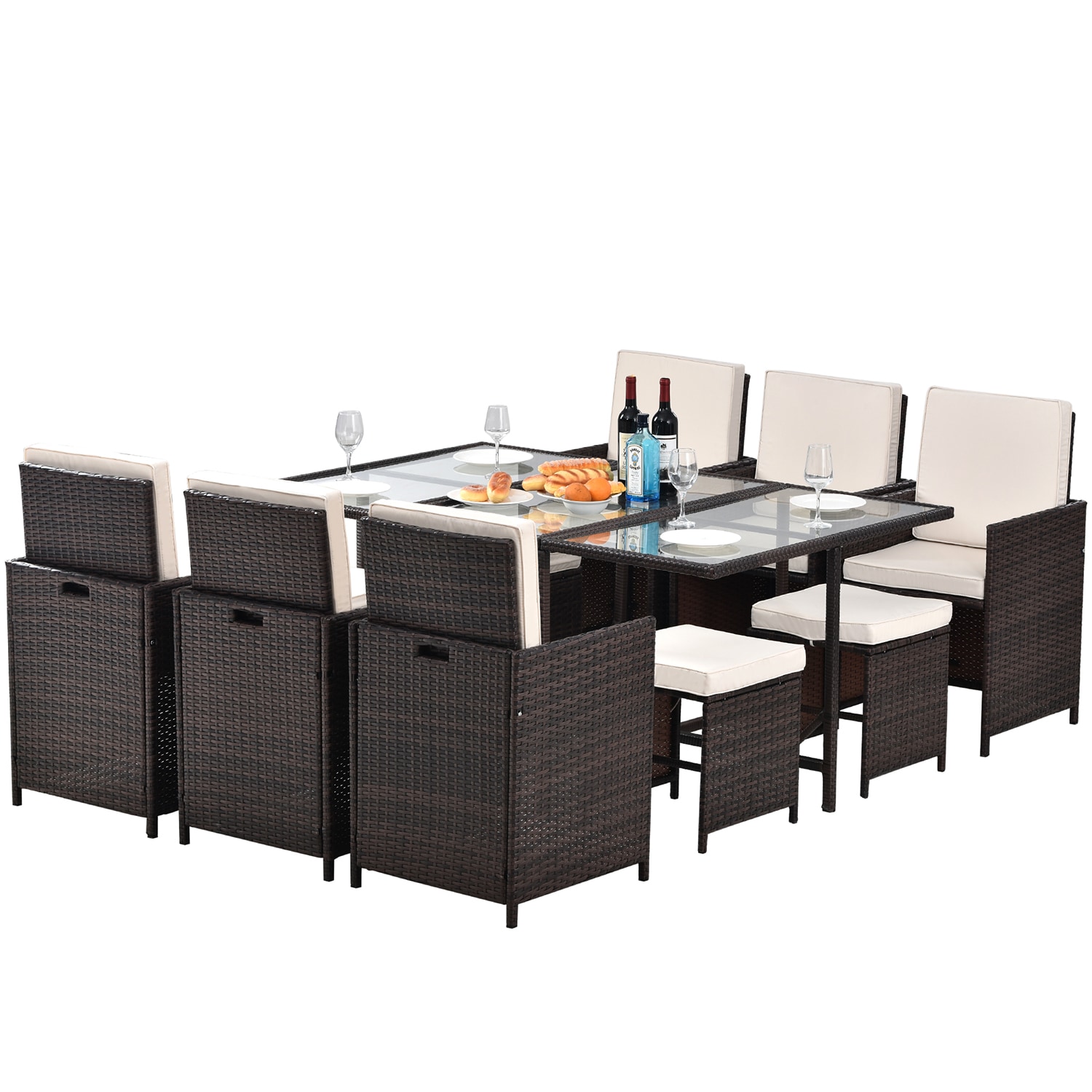 SINOFURN 11-Piece Brown Rattan Patio Dining Set Wicker Rectangle Table ...