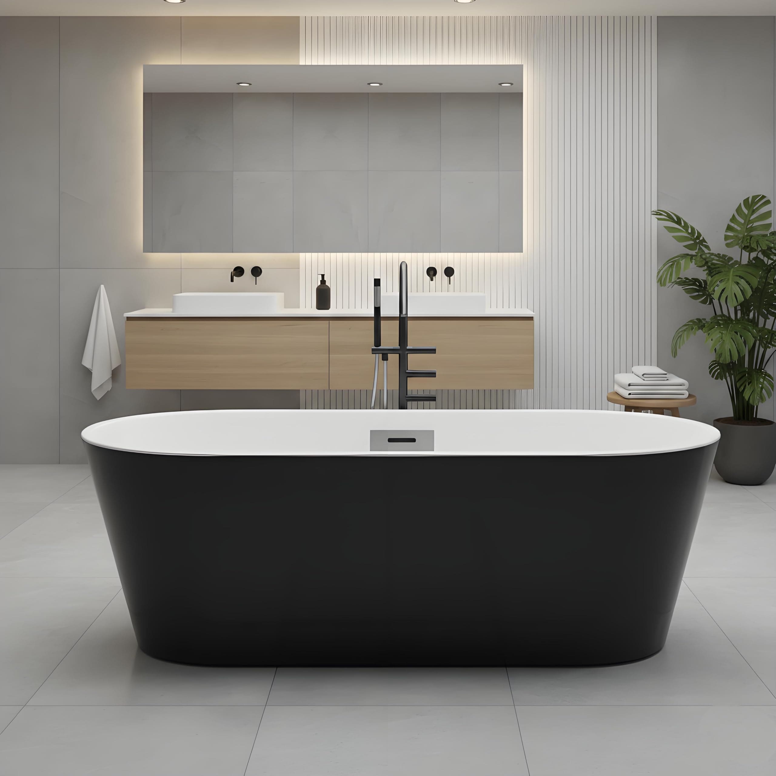 Garvee Matte Black Modern 59 Inch Acrylic Freestanding Bathtub Double Walled Deep Soaking Tub with Non Slip Base Overflow and Chrome Drain cUPC Certified