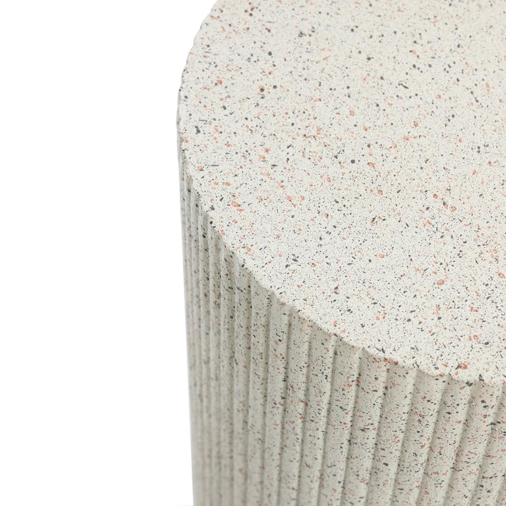 Ivory White Cement Round Outdoor Side Table with Gray Flecks