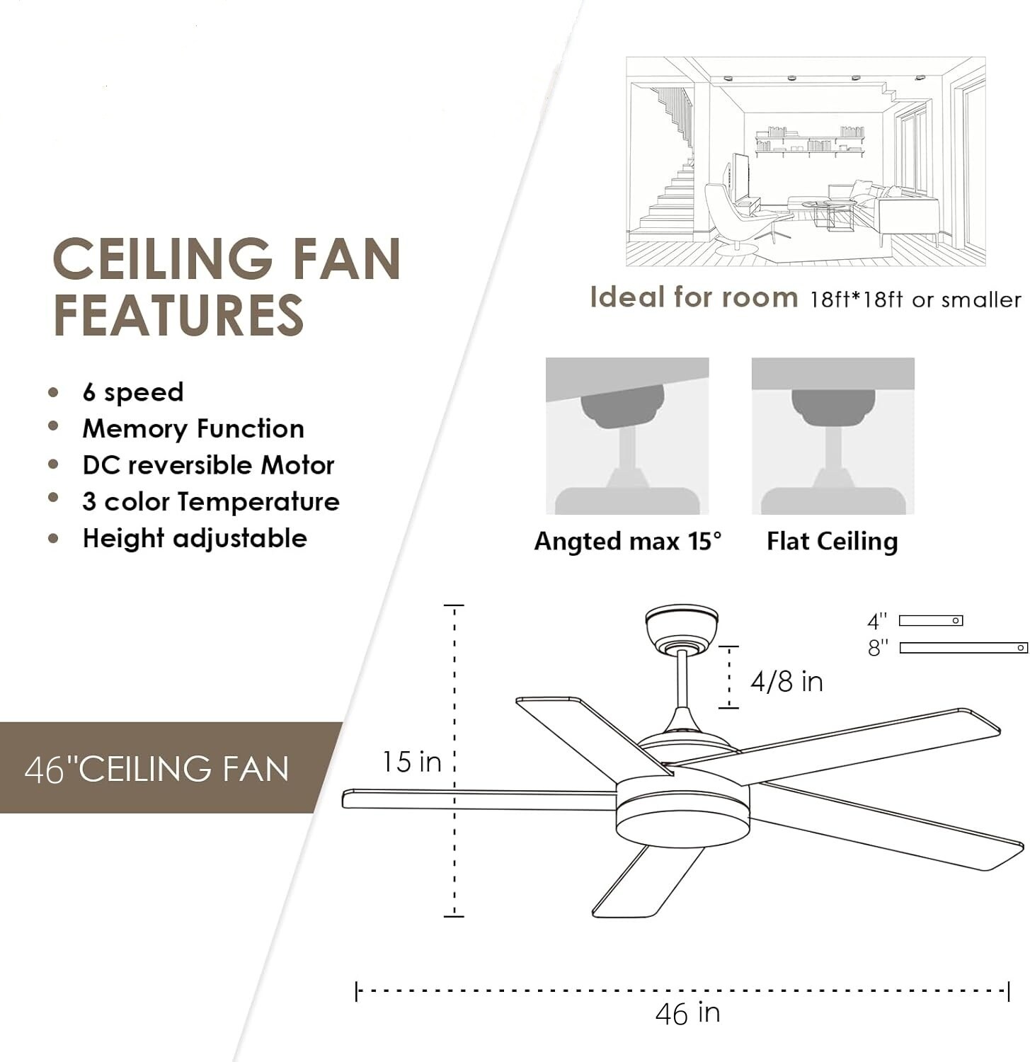 Gleam Flare 46 Inches Nickle Ceiling Fan with Light and Remote 6 Speed ...