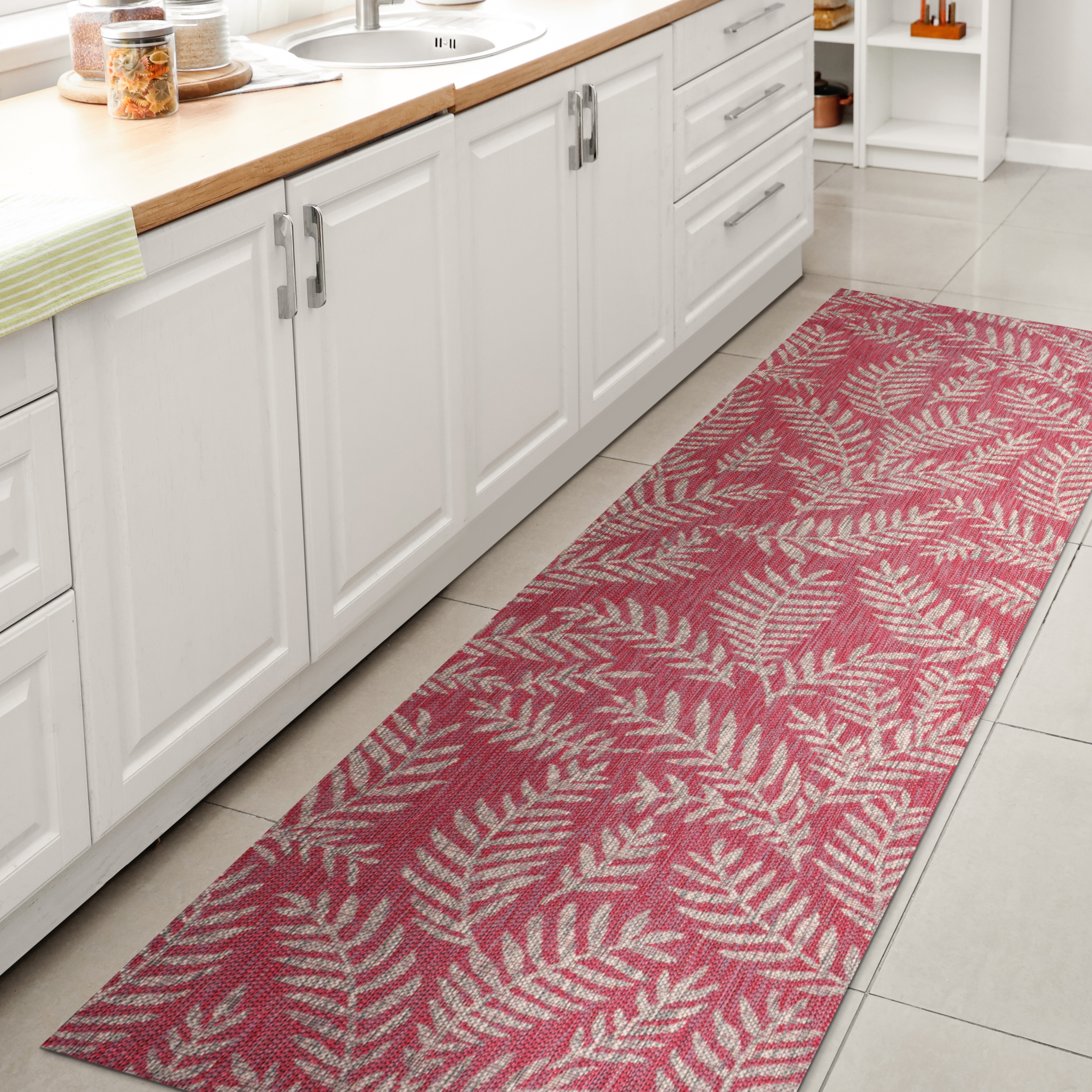 Fuchsia and Light Gray Palm Frond Synthetic Runner Rug, 2'-2" x 8'