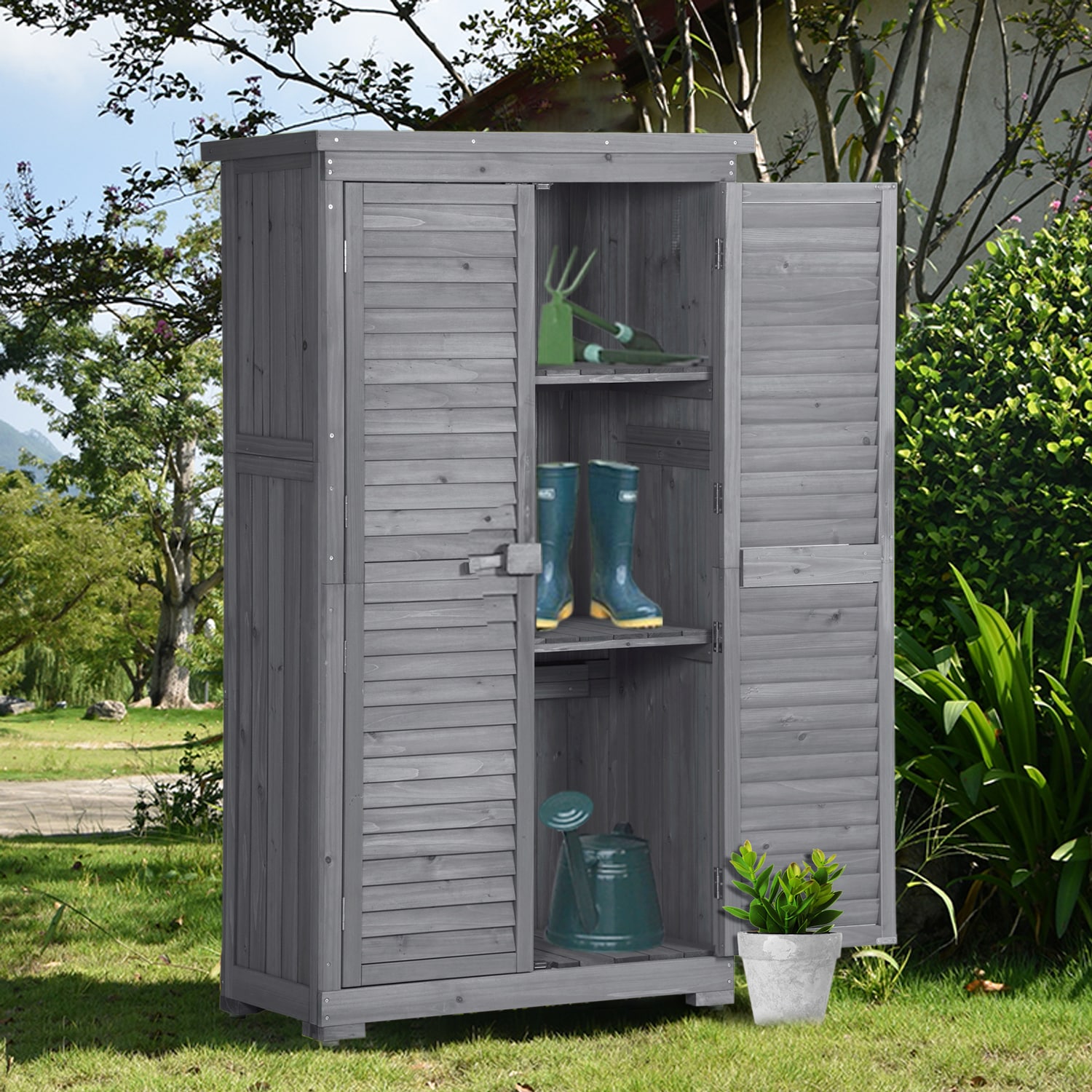 Wooden Garden Shed 3-tier Patio Storage Cabinet Outdoor Organizer Wooden Lockers with Fir Wood - Gray