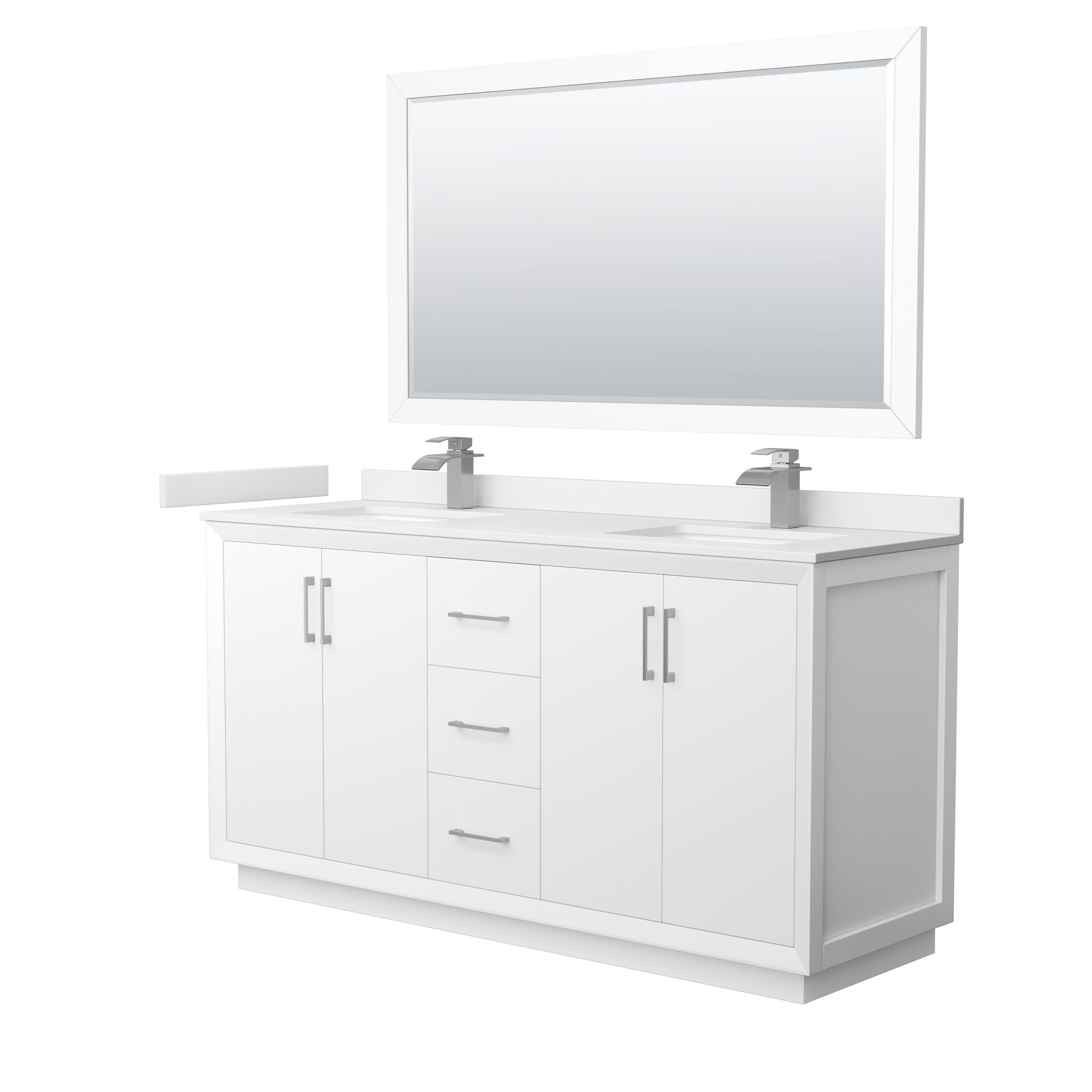 Wyndham Collection WCF414166DWHWCUNSM58 Strada 66-in White with Brushed Nickel Trim Undermount Double Sink Bathroom Vanity with White Cultured Marble Top (Mirror Included)