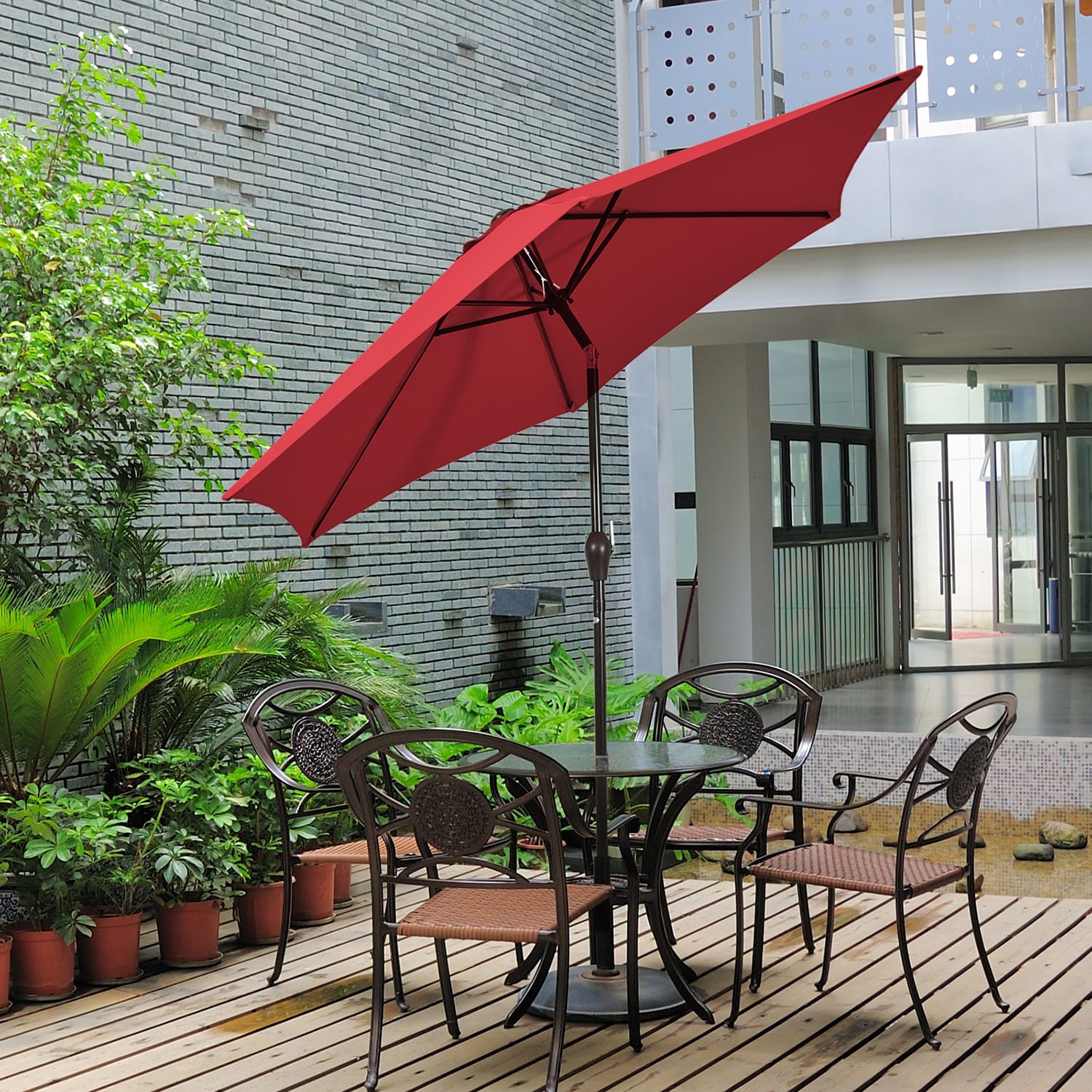 GZMR 10 ft Red Market Patio Umbrella with Crank Lift - Steel Frame ...