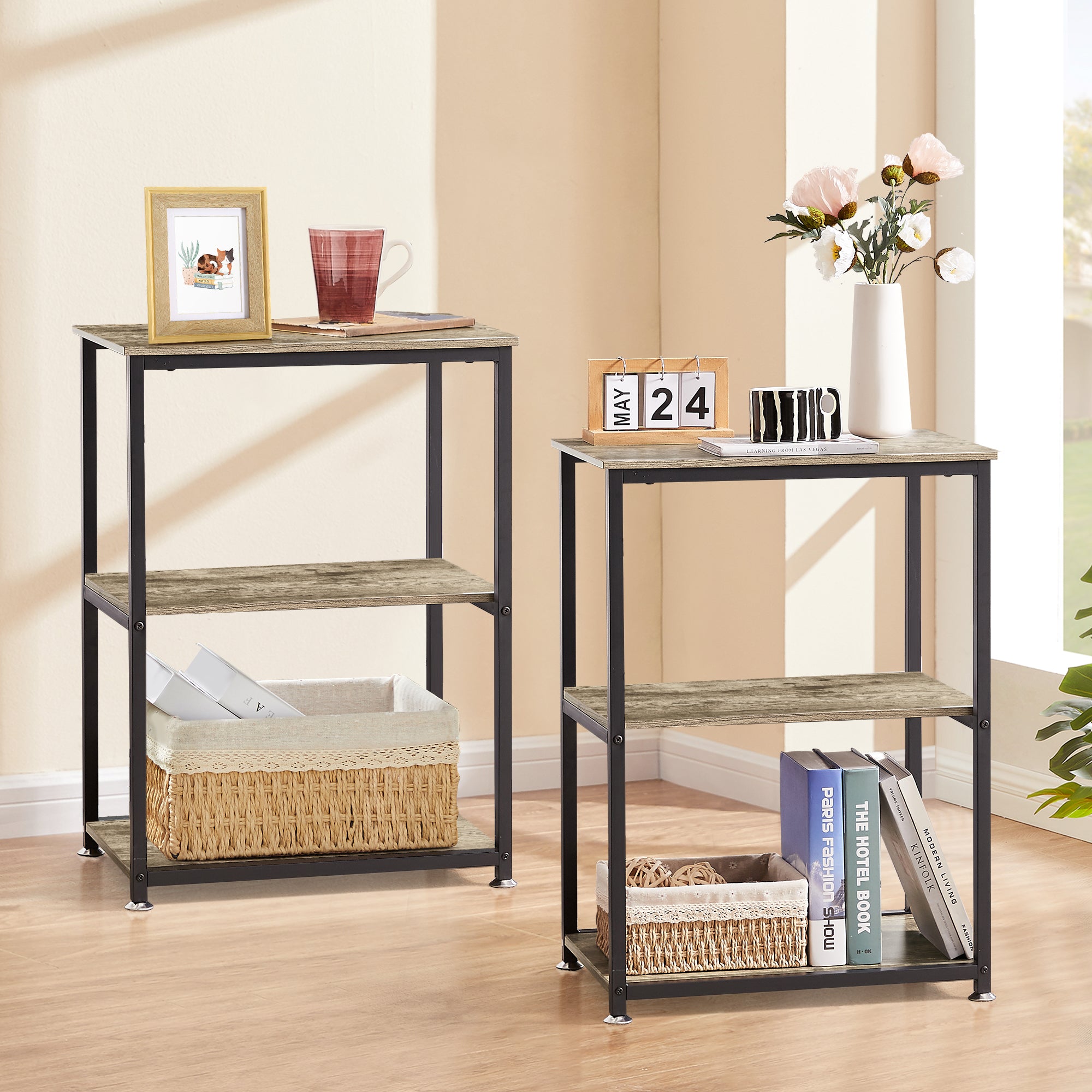 Vecelo LOE-XF-NT05-GRY-A2 Set of 2 Tall End Side Table 30in Height Nightstand with 3 Tier Storage Shelf for Living Room Bedroom Office Hallway Study Gray