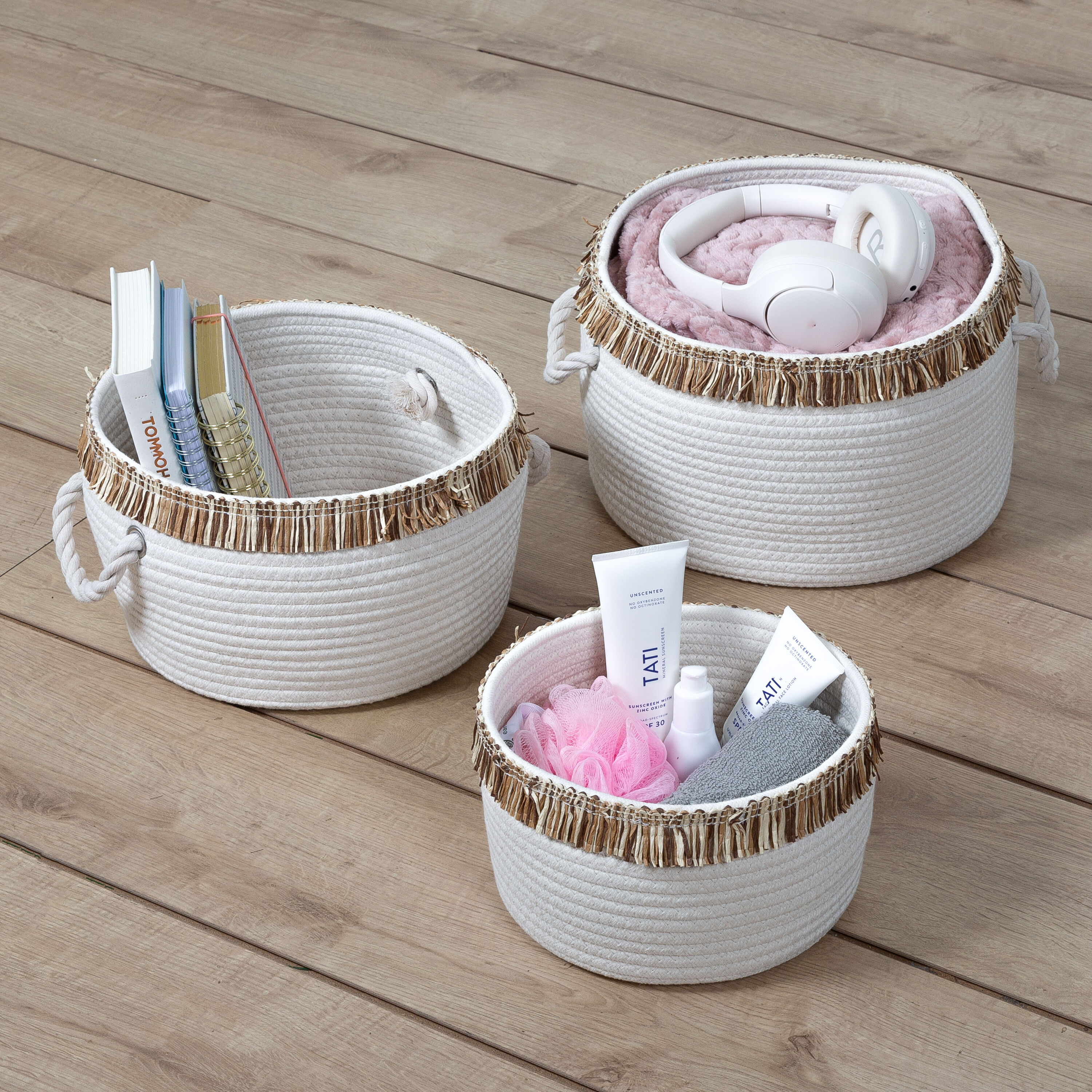 Set of 3 White Cotton Rope Round Baskets with Fringe