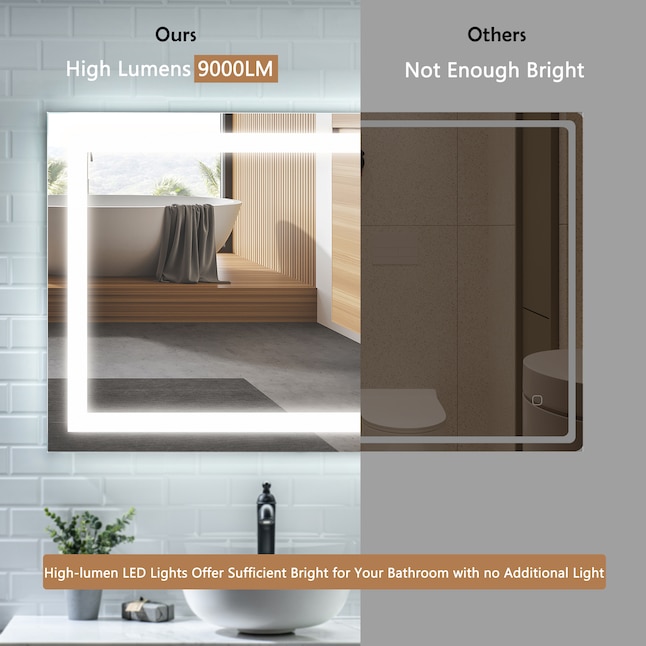 KINWELL Bathroom Mirror 48-in x 36-in LED Lighted Clear Rectangular Fog ...