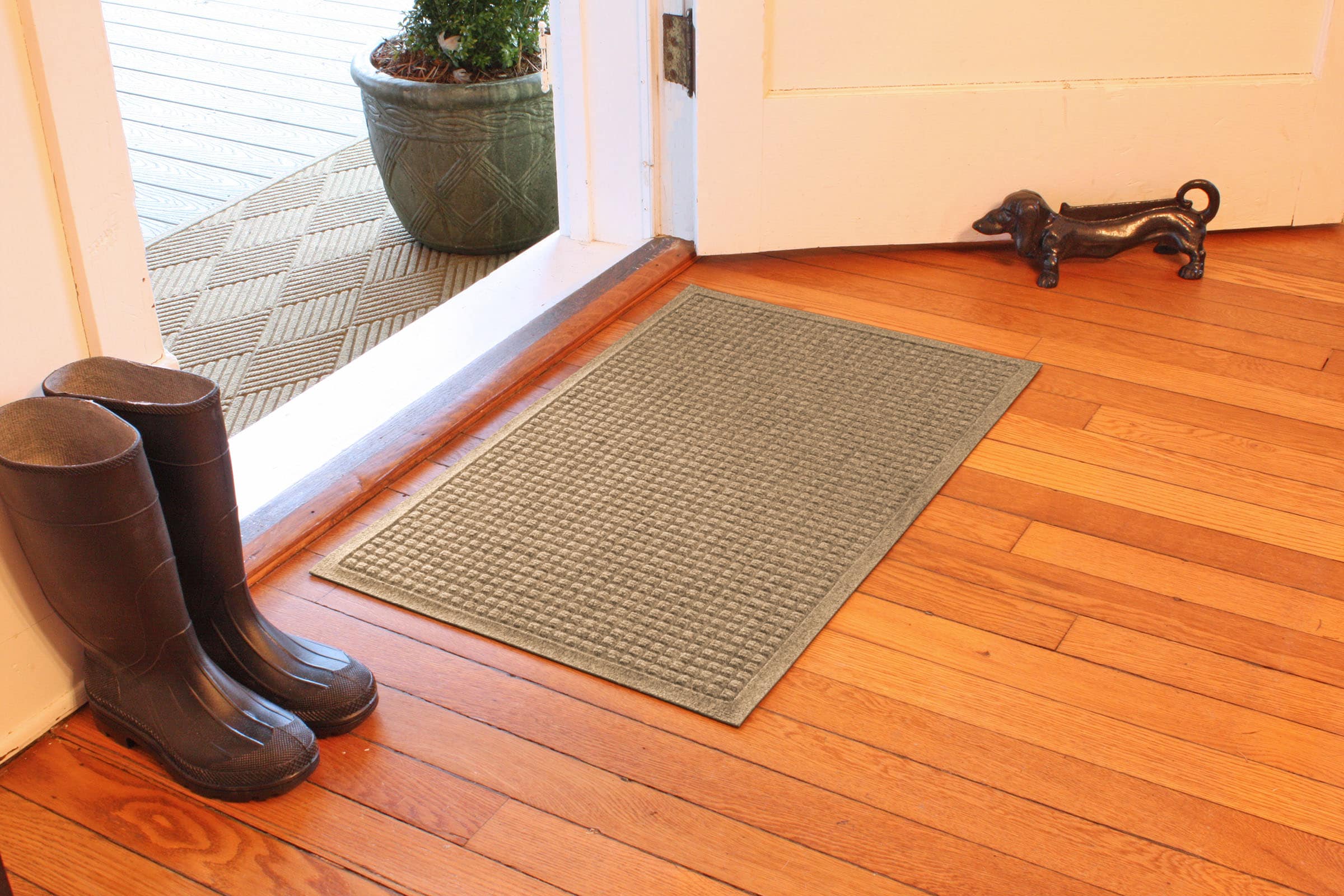 Bungalow Flooring Waterhog Cordova 24 in. x 39 in. Half Round Pet Polyester Indoor Outdoor Door Mat Camel
