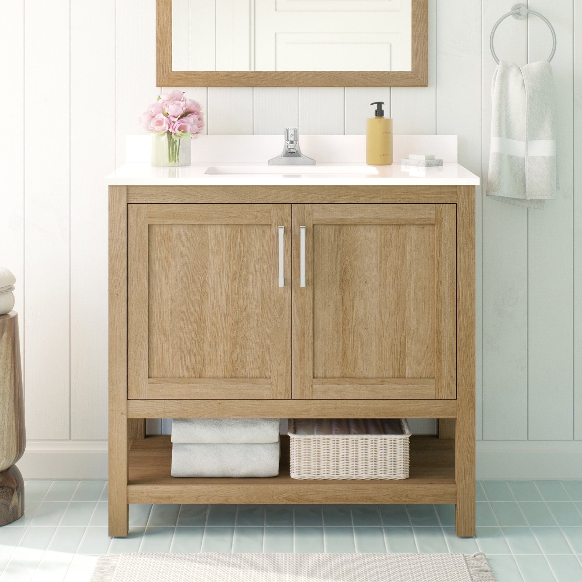 OVE Decors 15VVAR-ALBU36-124 Albury 36-in White oak Undermount Single sink Bathroom Vanity with White Engineered marble Top