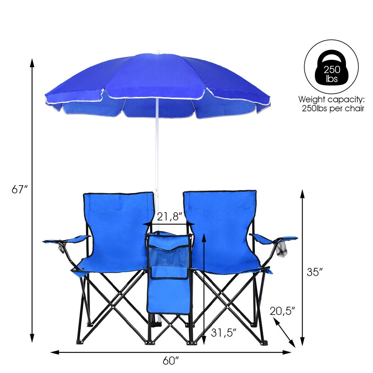 Blue Portable Folding Picnic Double Chair with Umbrella and Cooler