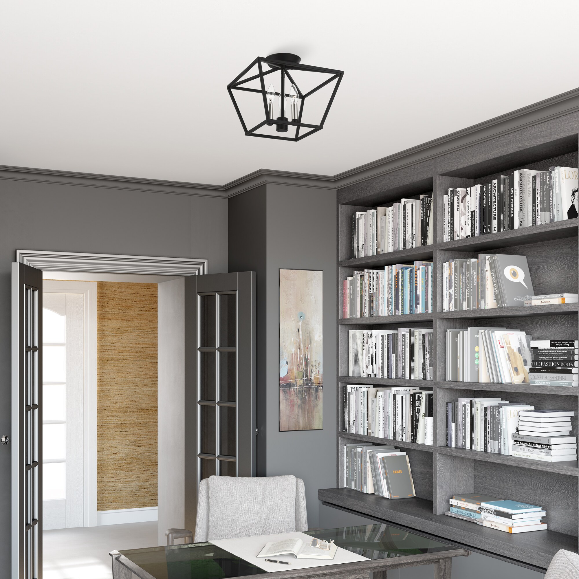 Devone 3-Light Black and Brushed Nickel Semi-Flush Mount