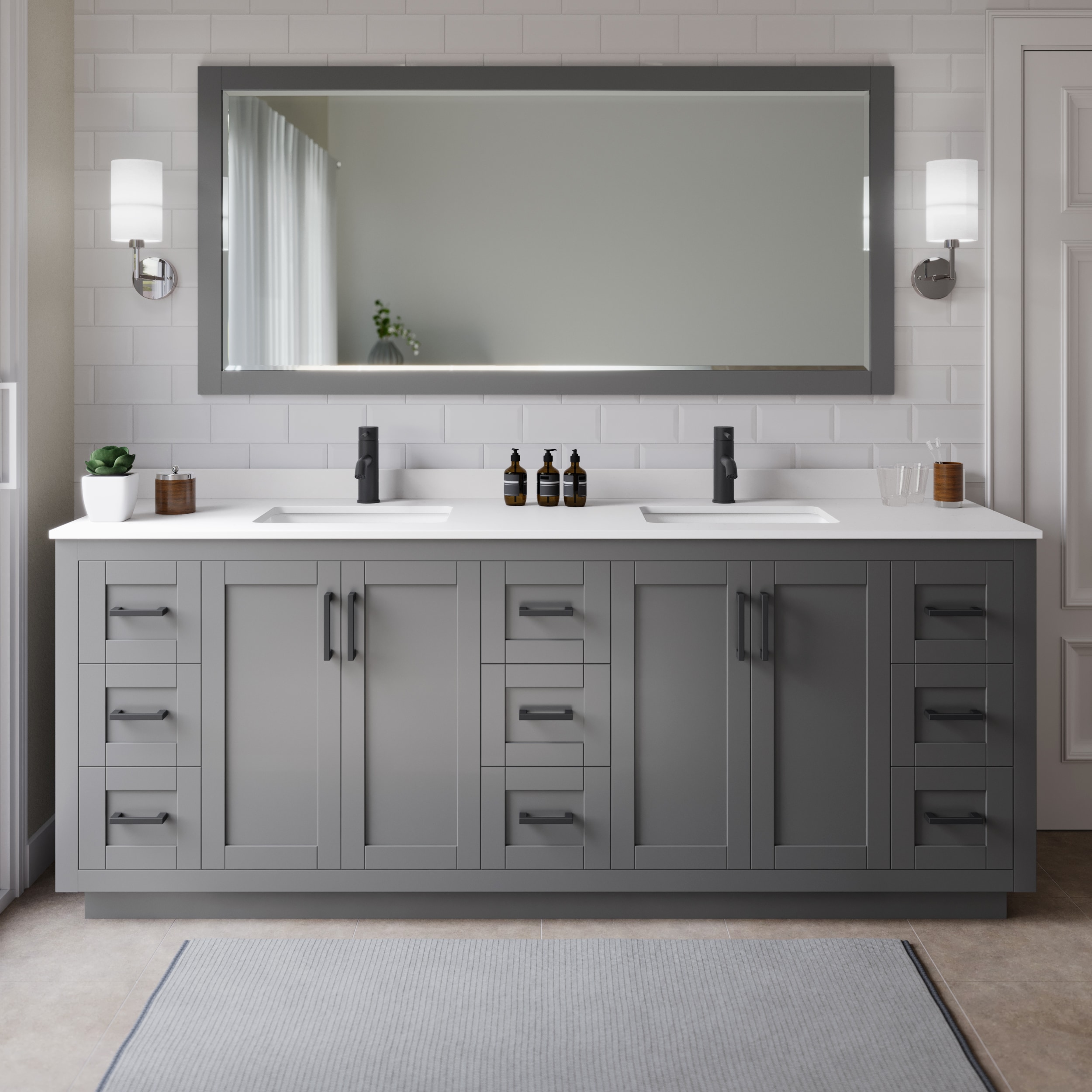 Wyndham Collection WCF292984DGBWCUNSM70 Miranda 84-in Dark Gray with Matte Black Trim Undermount Double sink Bathroom Vanity with White Cultured Marble Cultured marble Top (Mirror Included)