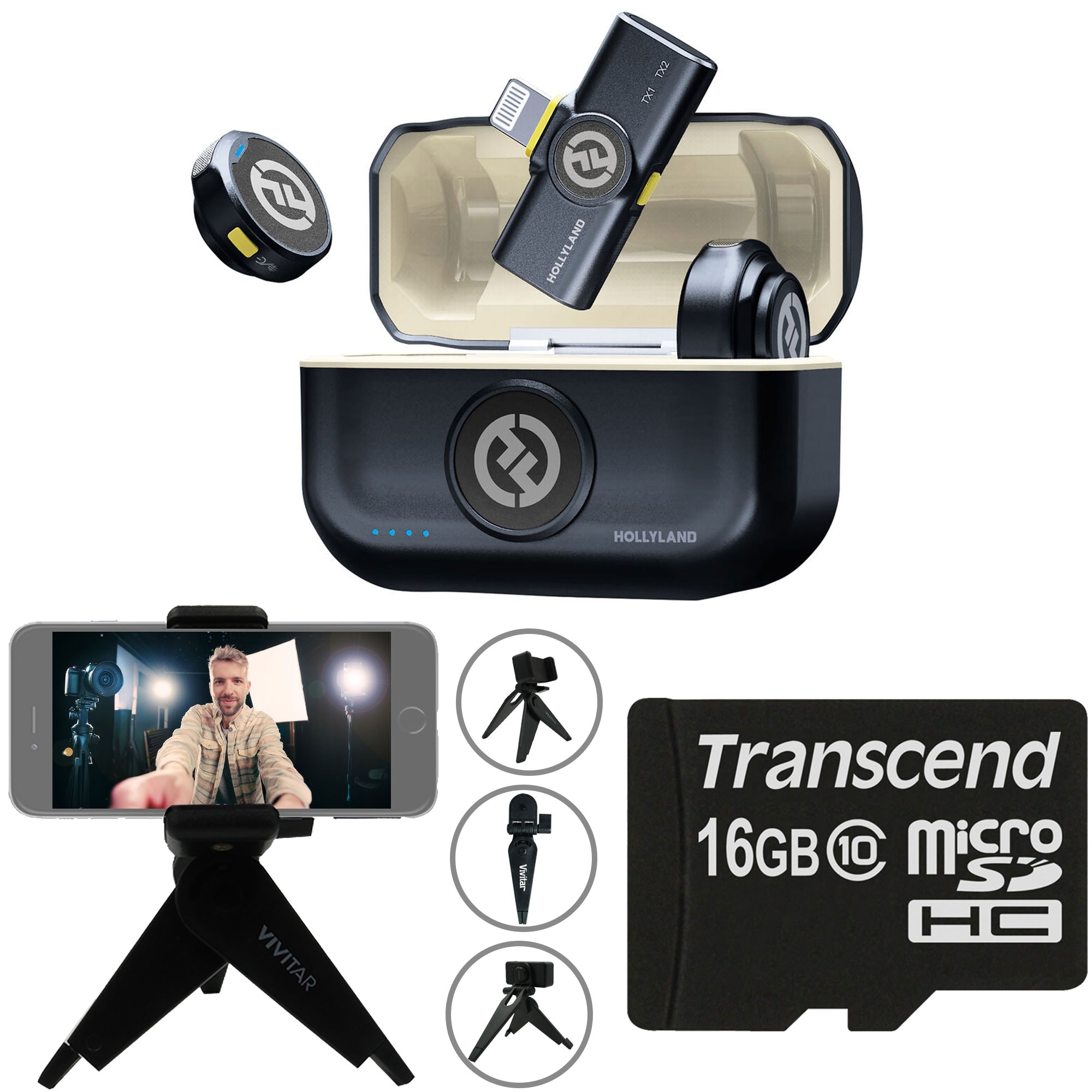 Hollyland  LARK M2 Wireless Lavalier Microphone with Lightning Plug Duo Shine Charcoal Vivitar compact Selfie Video Tripod 16GB Transcend MicroSD Memory Card with Adapter