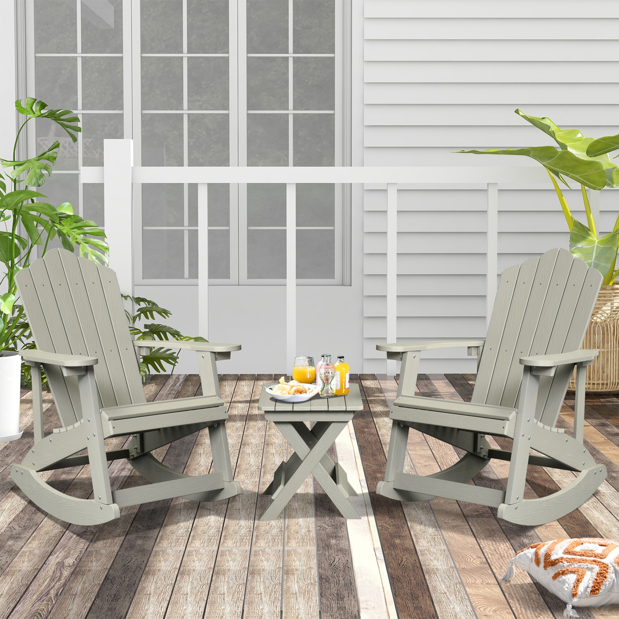 Pouuin SFRC202AT Set of 2 Light Gray Plastic Frame Adirondack Chair with Slat Seat
