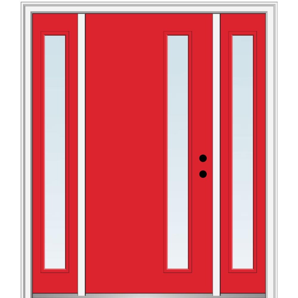 MMI DOOR ZZ345775L Spotlights 64-in x 80-in x 4-9/16-in Fiberglass Pulse lite Left-hand inswing Red Saffron Painted Prehung Front Door with Sidelights with Brickmould Insulating core