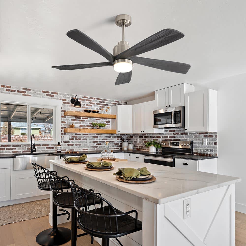 JUJABU FAN-4 Nickel 52 Inch Modern Ceiling Fan With Dimmable LED Light 5 Solid Wood Blades Remote With Smart APP Control