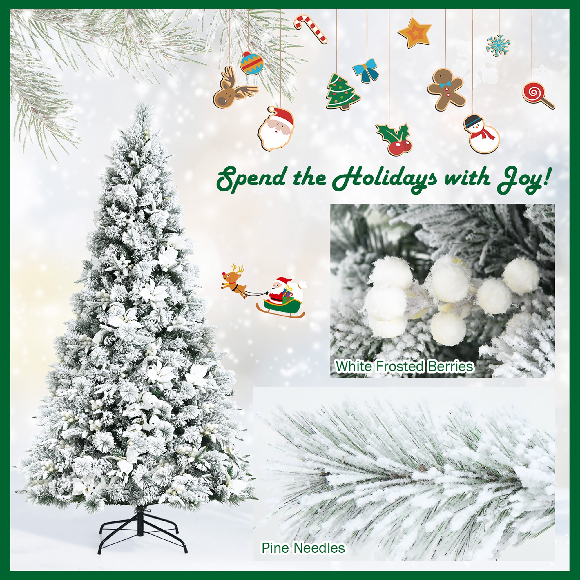 7-Foot Snow Flocked White Artificial Christmas Tree with Berries and Poinsettia Flowers