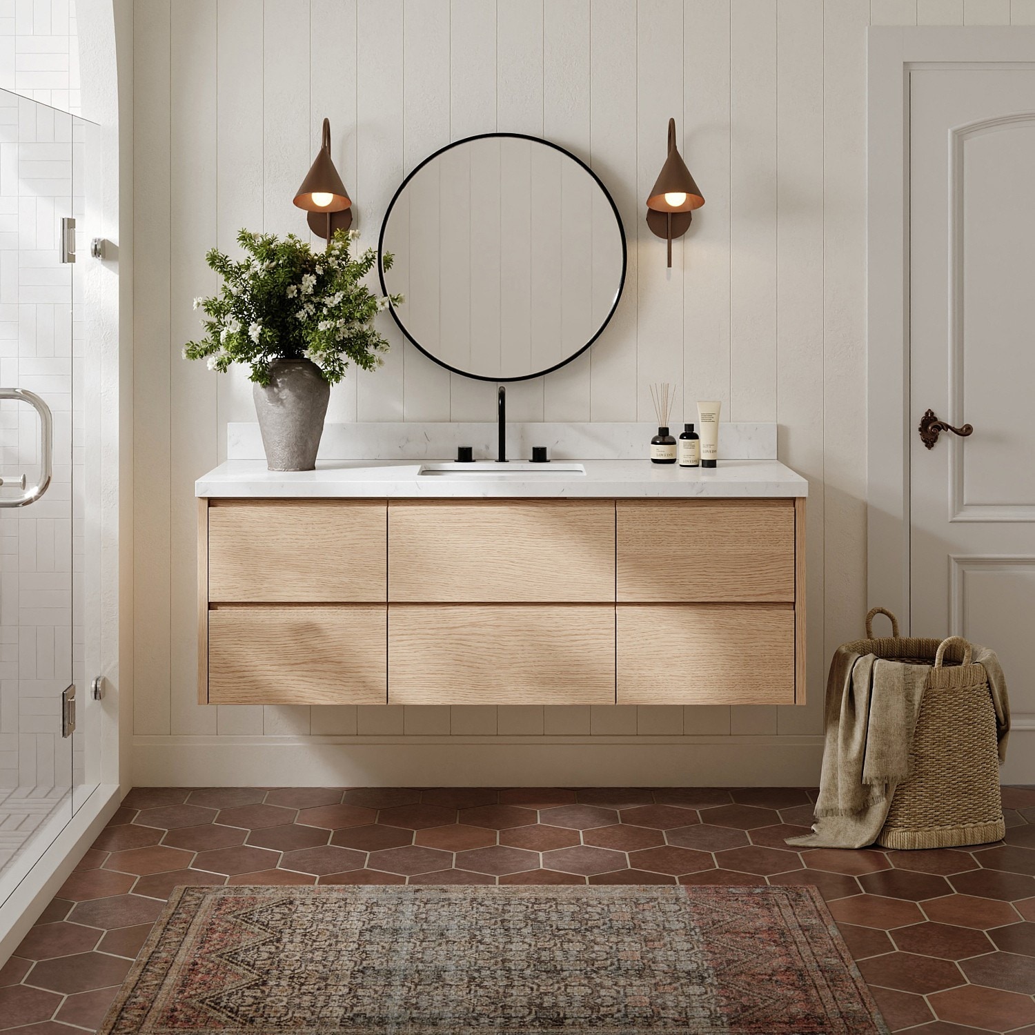 ARIEL Ariel West 60 Inch Wall-Mounted Single Rectangle Sink Bathroom Vanity with Carrara White Quartz Countertop 1.5 Inch in Natural Oak