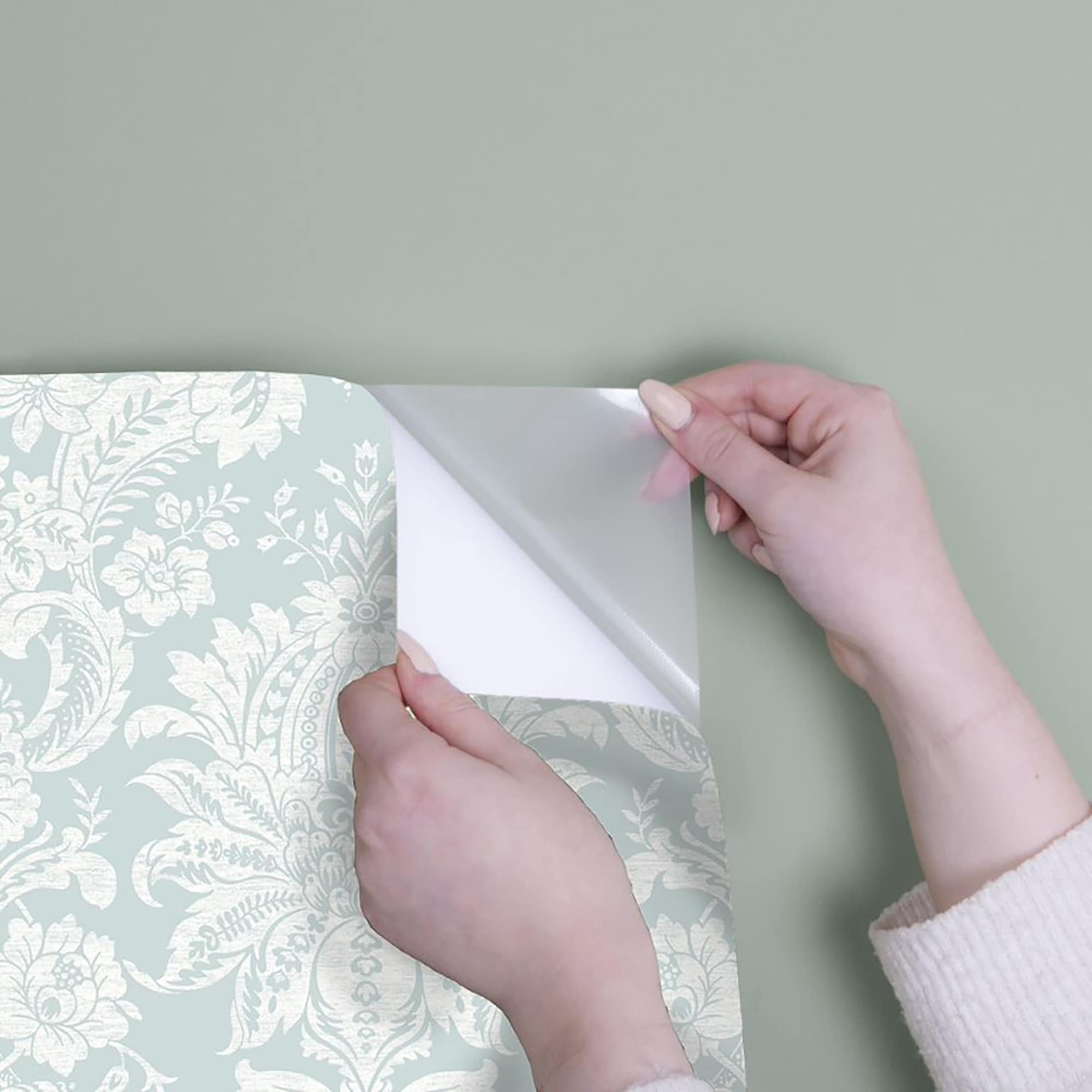Duck Egg Blue Damask Peel and Stick Vinyl Wallpaper