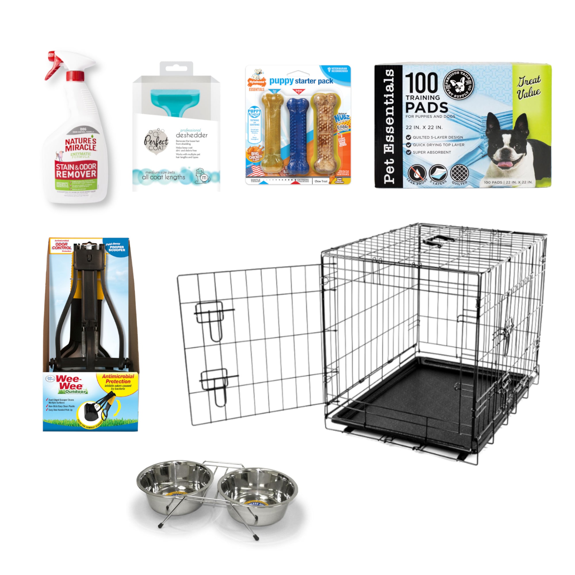 Pet Essentials Puppy Starter Kit - Dog Crate, Poop Scoop, 2 Bowls, Dog  Chew, Stain Remover, Training Pads, and Deshedder