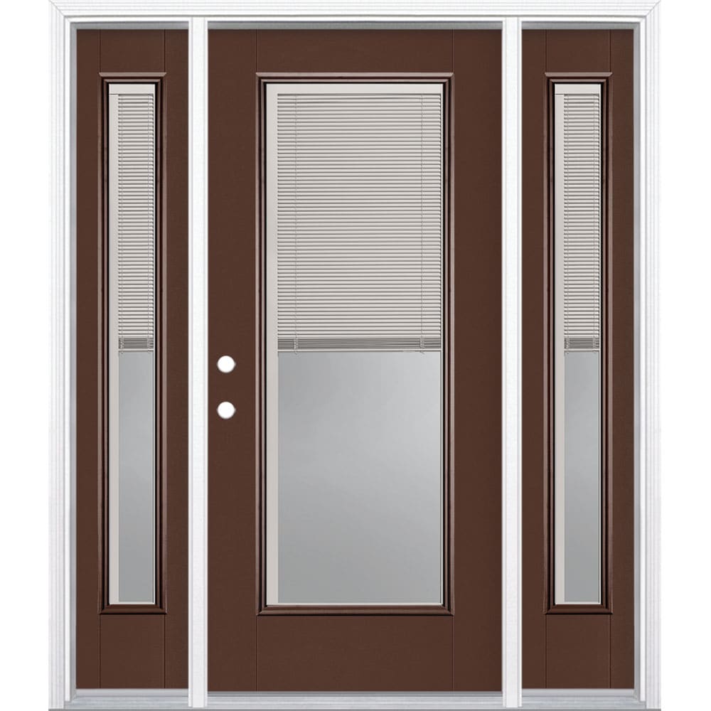 Masonite 1218643 60-in x 80-in x 4-9/16-in Fiberglass Full lite Right-hand inswing Chocolate Painted Prehung Front Door with Sidelights with Brickmould Insulating core with Blinds