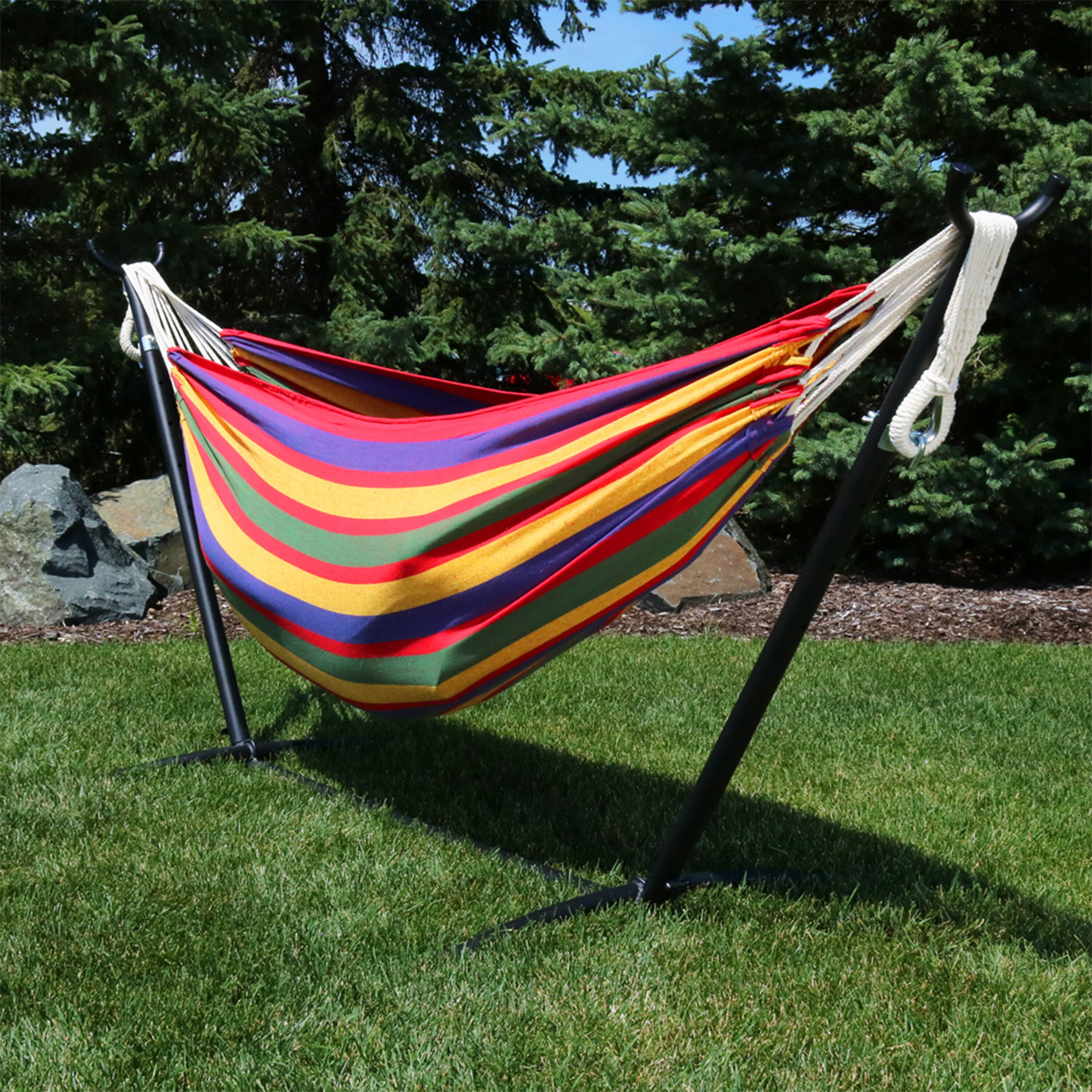 Sunnydaze Decor DB COMBO-TROPICAL Sunnydaze Brazilian Double Hammock with Stand Tropical Fabric Hammock with Stand