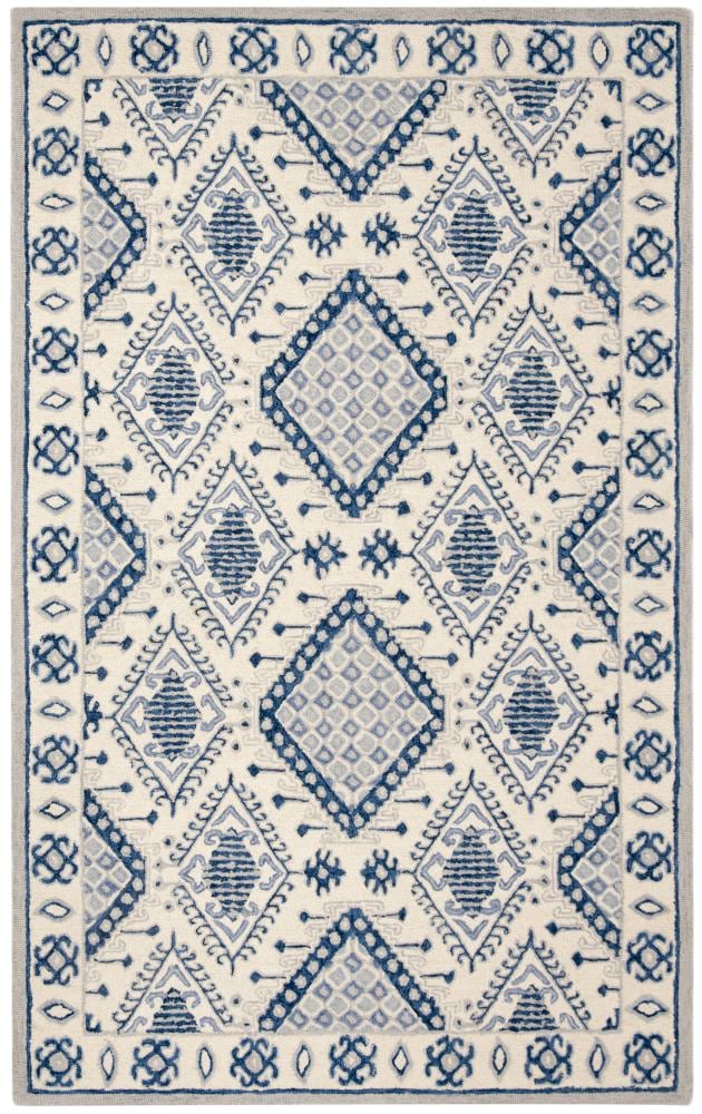 Safavieh MLP511M-5 Micro-Loop Pasha 5 x 8 (ft) Tufted Wool Ivory/Blue Rectangular Indoor Floral/Botanical Southwestern Area rug