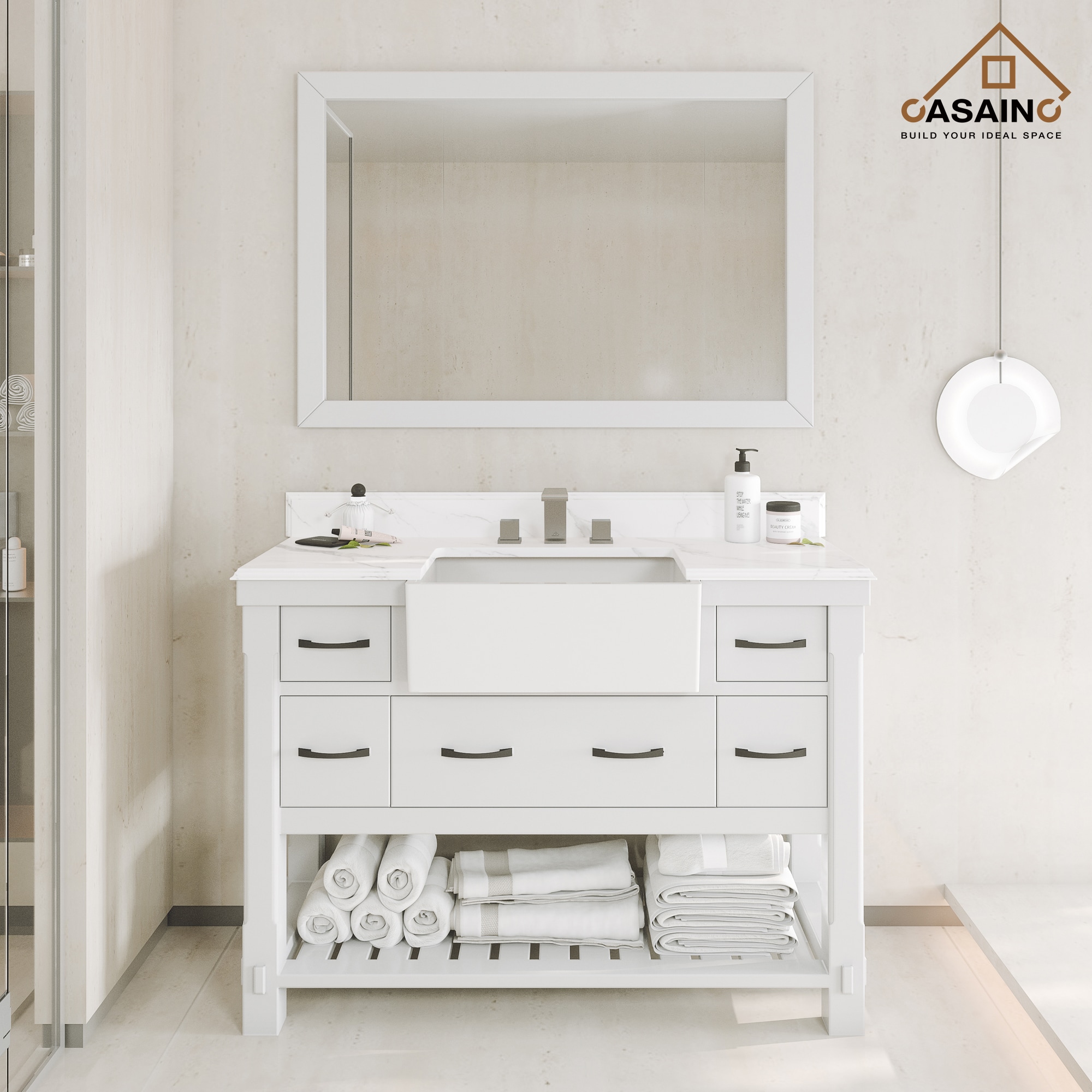 48-in White Undermount Single Sink Bathroom Vanity with White Quartz Top | - CASAINC MS-20048-CAB-WH