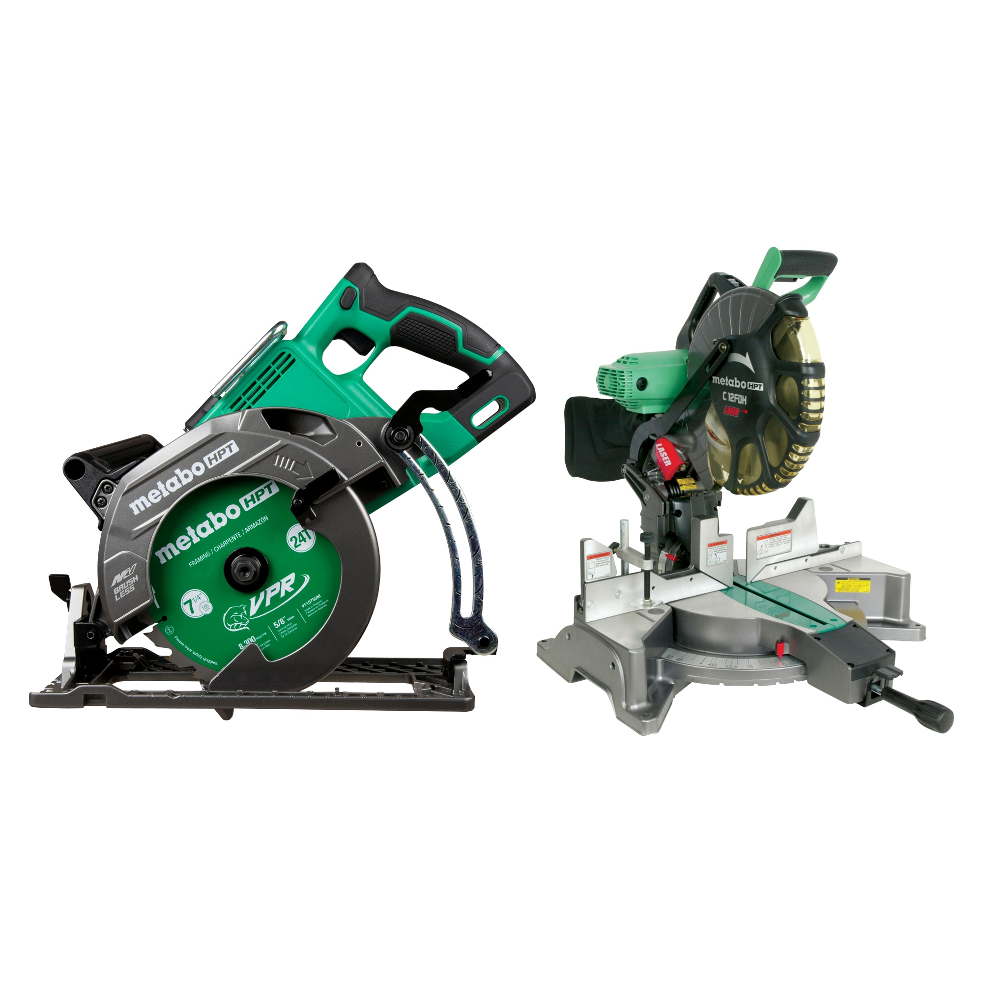 Metabo HPT MultiVolt 36-Volt 7-1/4-in Brushless Cordless Rear Handle Circular Saw with 12-in 15 Amps Dual Bevel Compound Corded Miter Saw