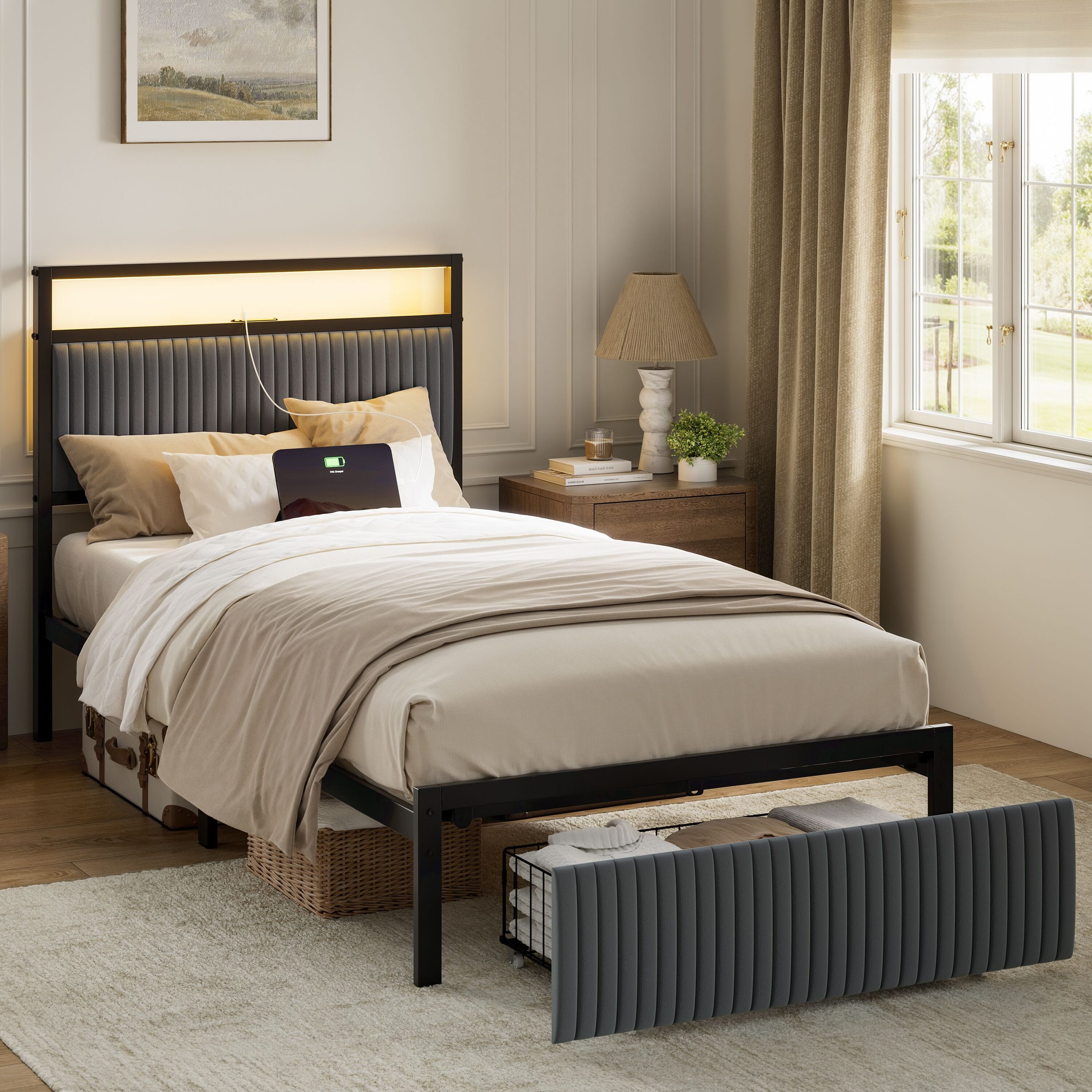 HAUSOURCE - Twin Upholstered Bed Frame with Storage Drawers LED Light and Charging Station Velvet...