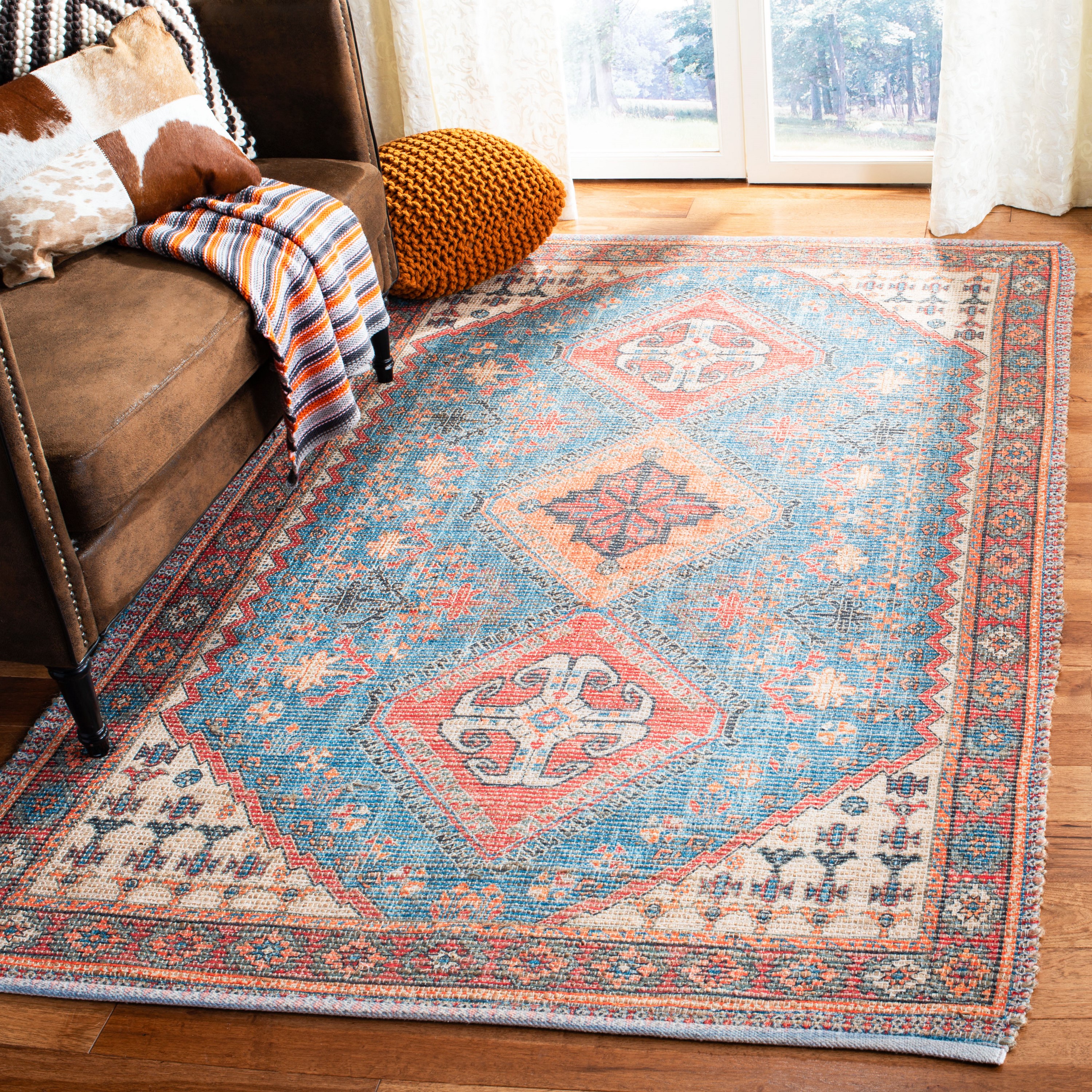 Saffron 6' x 6' Red and Navy Cotton Synthetic Square Rug