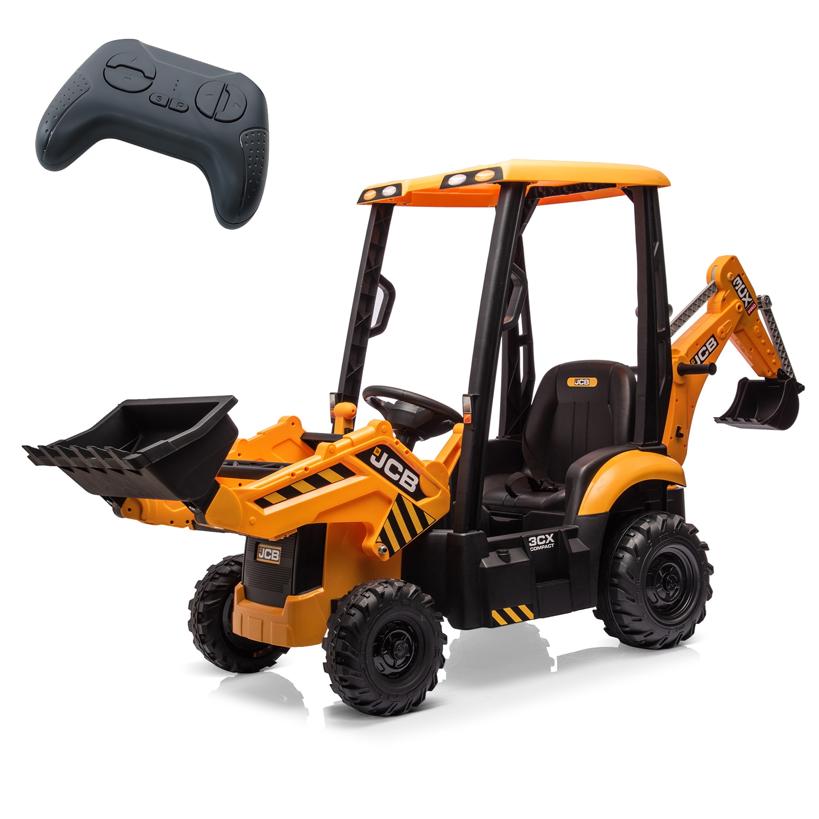 Der Rose RIDE ON CAR-002790 Hetoy 4 In 1 Ride On Excavator And Bulldozer Electric Construction Vehicle With Remote Control Adjustable Seat And Durable Wheels Yellow