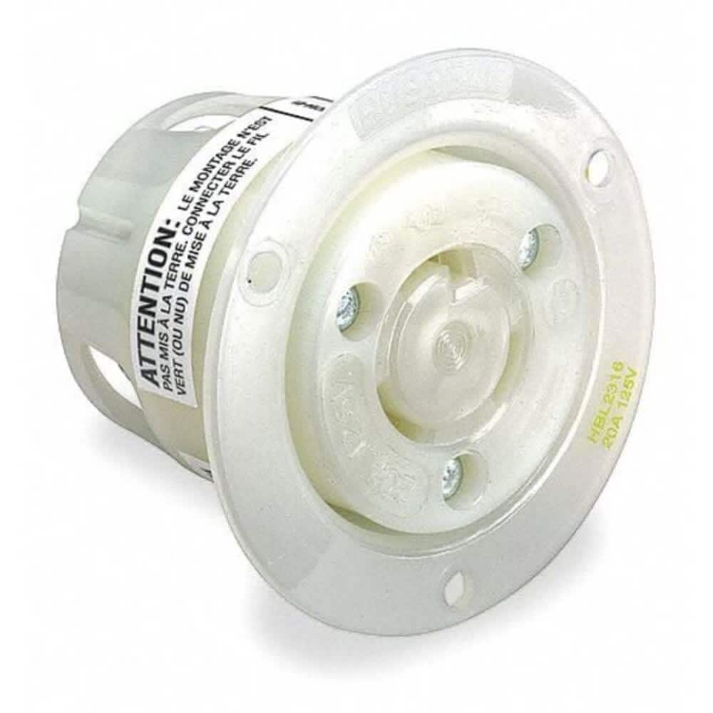 Hubbell Wiring Device-Kellems Flanged Locking Receptacle L5-20R 20 A 125V AC Single Phase 2 Pole Flush Mount White #HBL2316