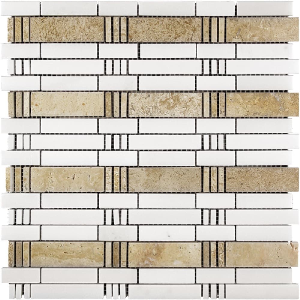 Beige and White Polished Marble Mosaic Tile 12" x 12"
