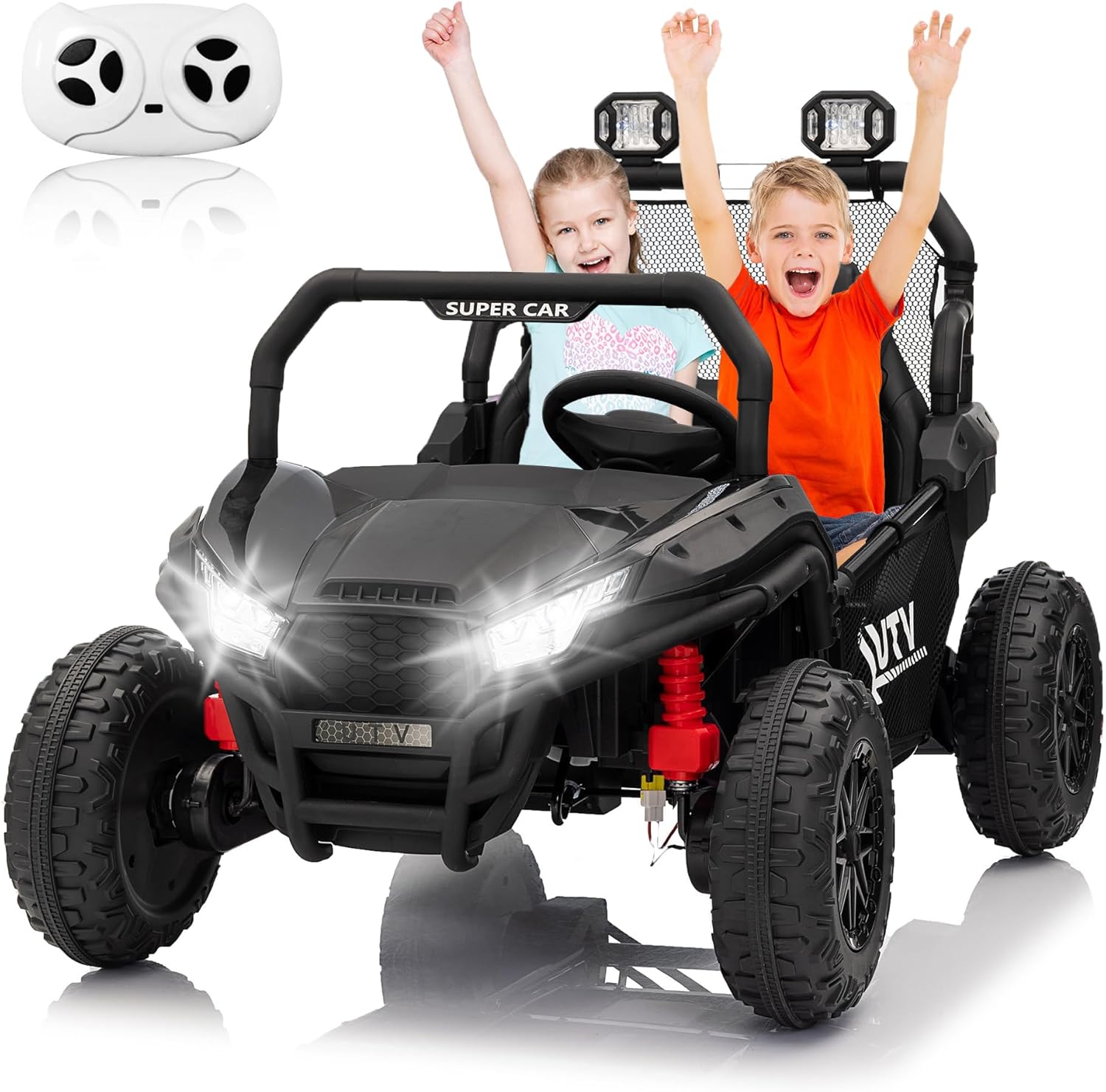 Qeetex CARPTO3336I32B 24V 2 Seater Ride On UTV Kids Electric Car With Remote Control Bluetooth Music Led Lights Spring Suspension And Wide Seats Black