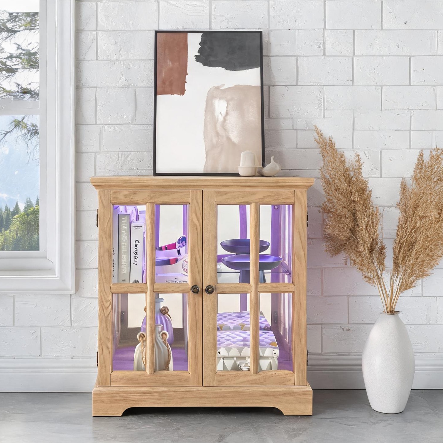 Naturefalls Curio Display Cabinet with LED Lighting and Adjustable Shelves Oak Finish 32-Inch Tall Display Case for Living Room Decor