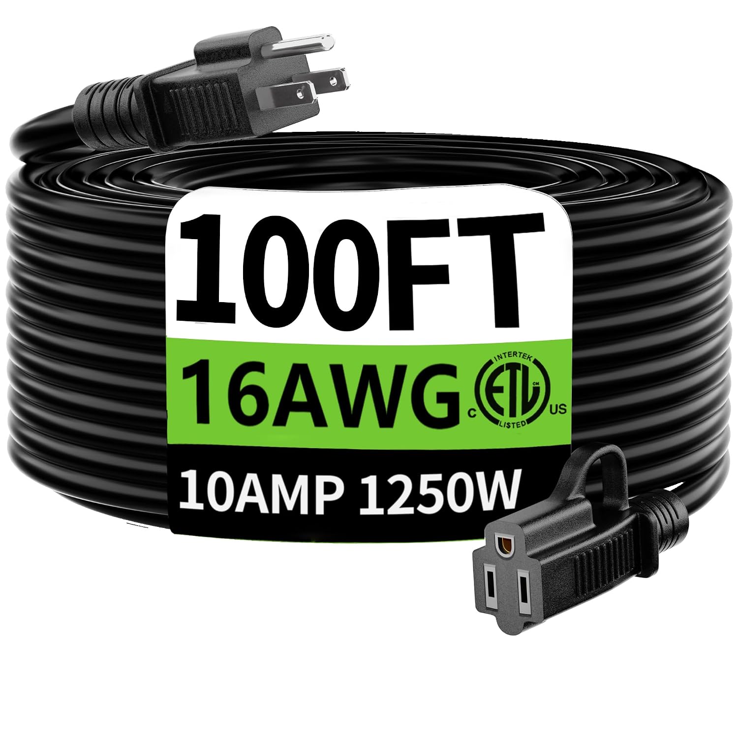 HuanChain 16-Gauge 100-Foot 3-Prong Outdoor Extension Cord with Strain ...