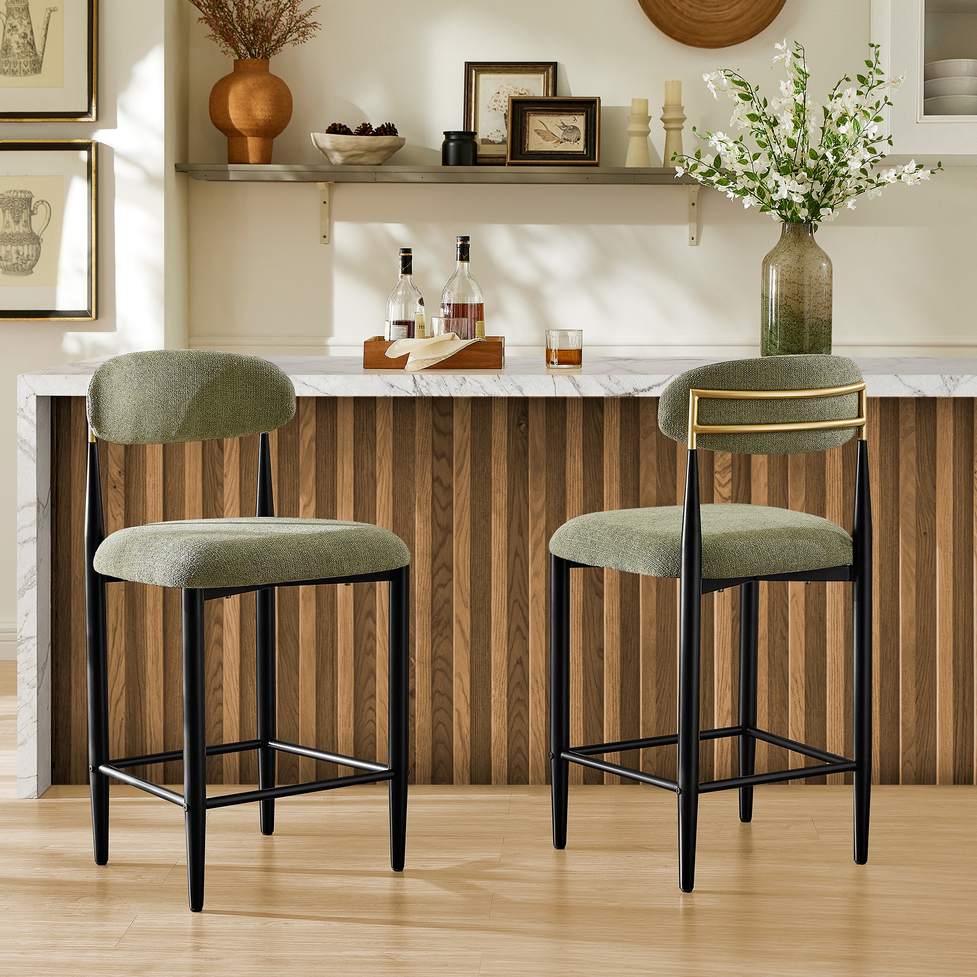 FARATI Green(Armless) 25.8-in H Counter height Upholstered Metal Bar Stool 2 -Pack