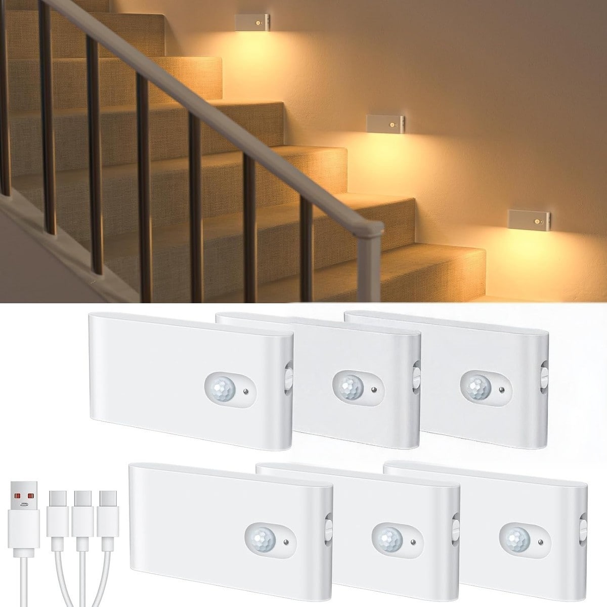 Jokupey  Warm White Rechargeable Motion Sensor Night Light 6 Pack Battery Operated for Indoor Stairway Hallway Bathroom Bedroom Kitchen
