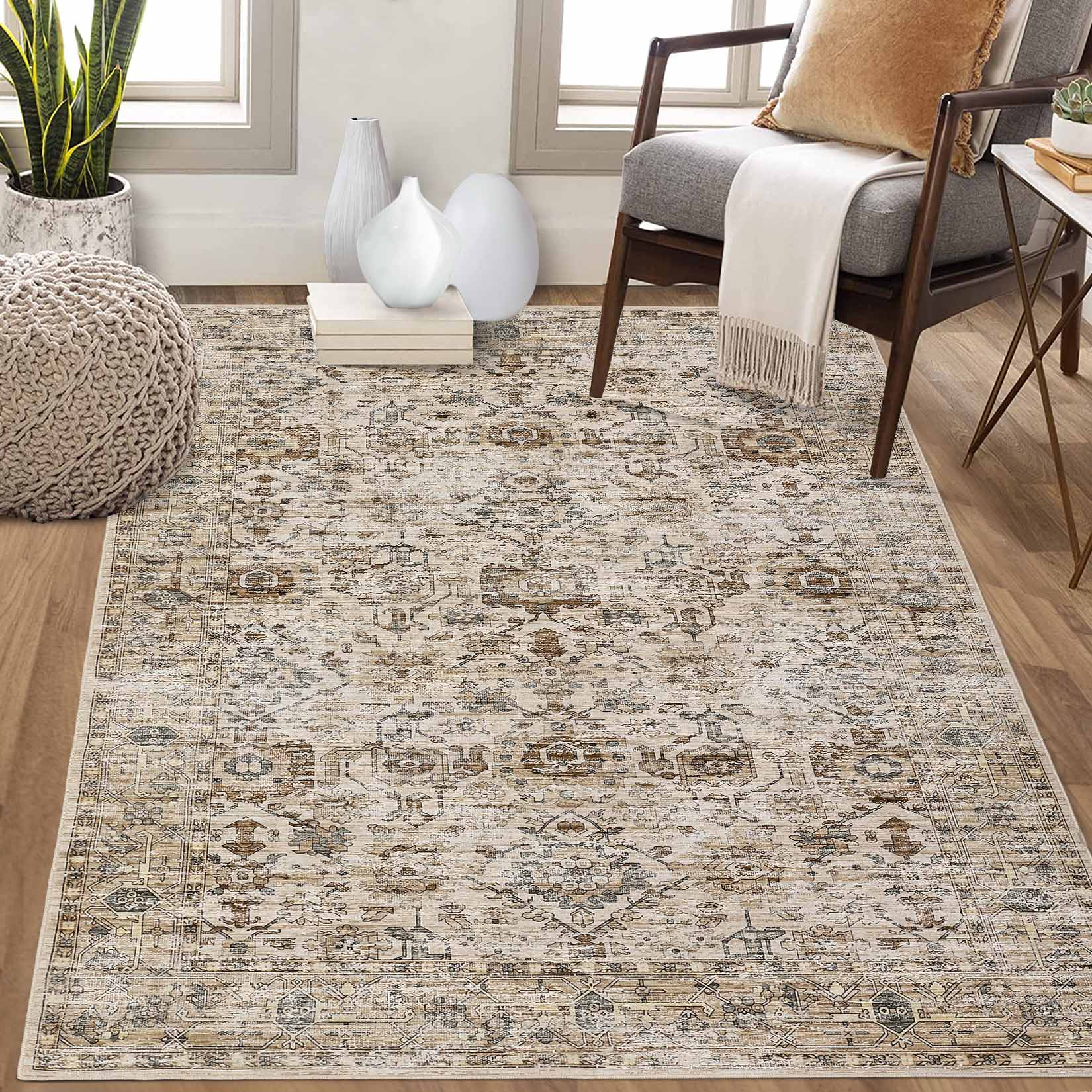 Garvee YXY-LO-PHO-162T94RW 5 x 7 (ft) Loomed Polyester Beige Rectangular Indoor Floral/Botanical Vintage Machine washable Area rug
