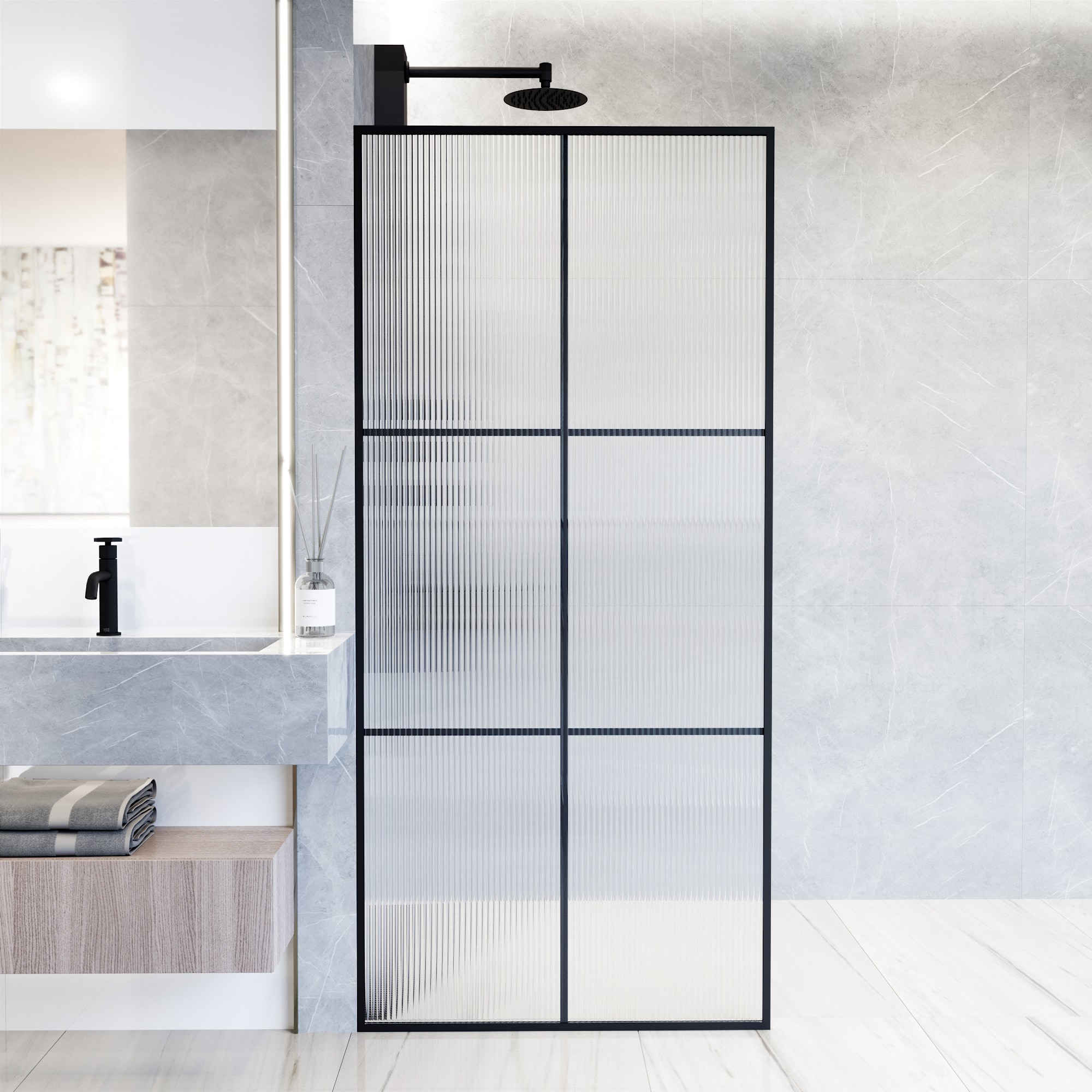 VIGO VG6091MBFL3474 Ventana Matte Black 34-in W x 74-in H Framed Fixed Shower Door 3/8-in Thick Patterned Glass