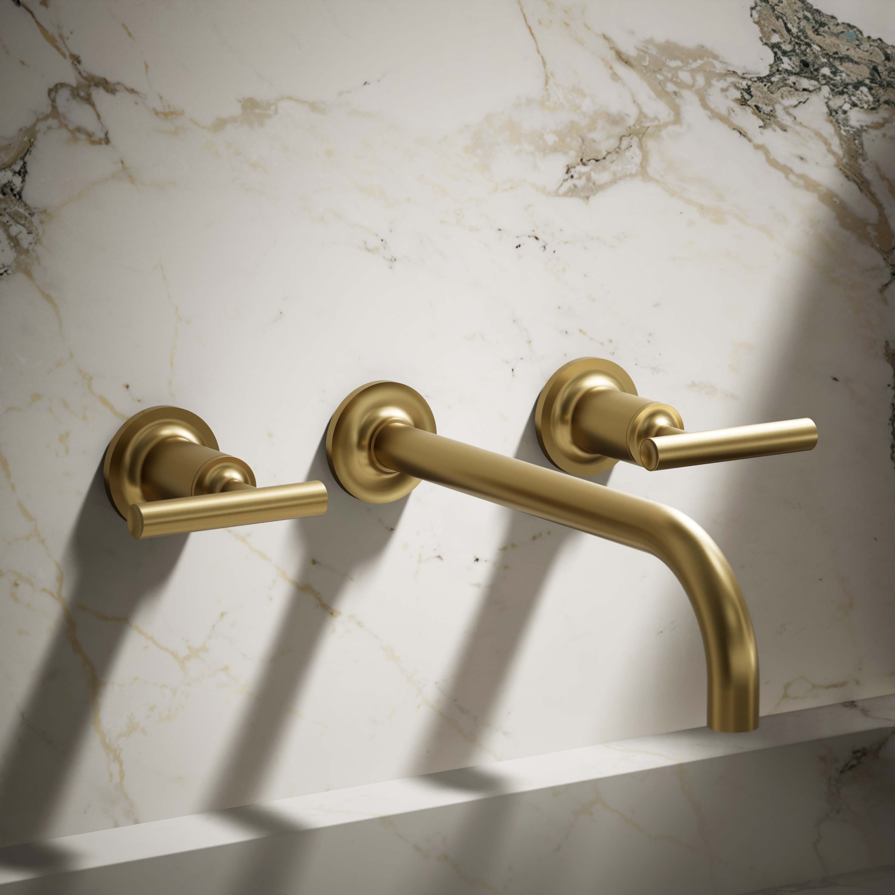 KOHLER K-T14414-4-2MB Purist Vibrant Brushed Moderne Brass Wall-mount 2-handle WaterSense Low-arc Commercial/Residential Handle Bathroom Sink Faucet with Deck Plate