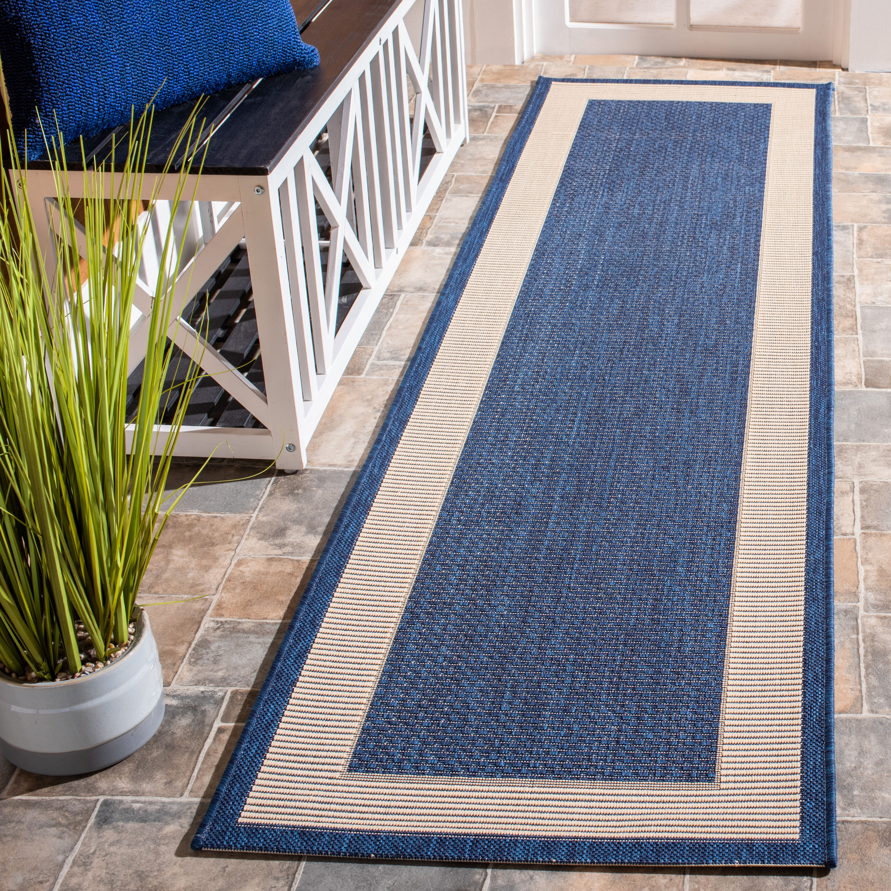 Safavieh CY7987-25821-210 Courtyard 2 x 10 (ft) Loomed Synthetic Navy/Beige Rectangular Indoor/Outdoor Solid Runner rug