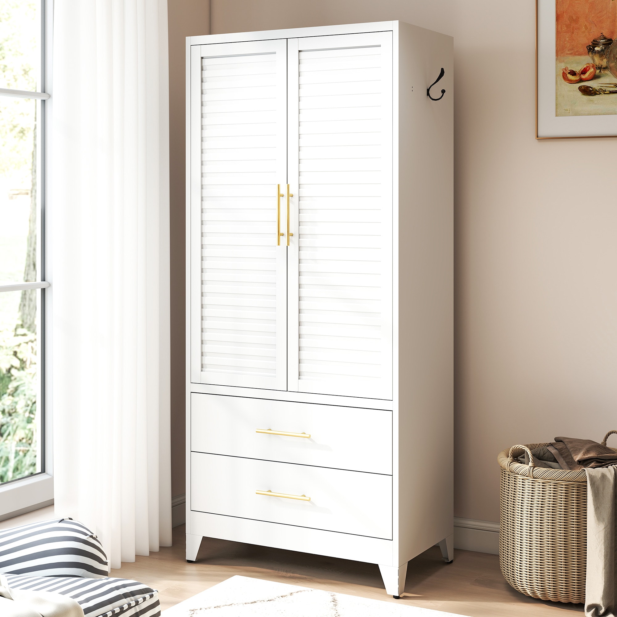 KTMBDW - 71-In Tall Armoire Wardrobe Closet - Metal Clothing Storage Cabinet with 2 Doors and Dra...