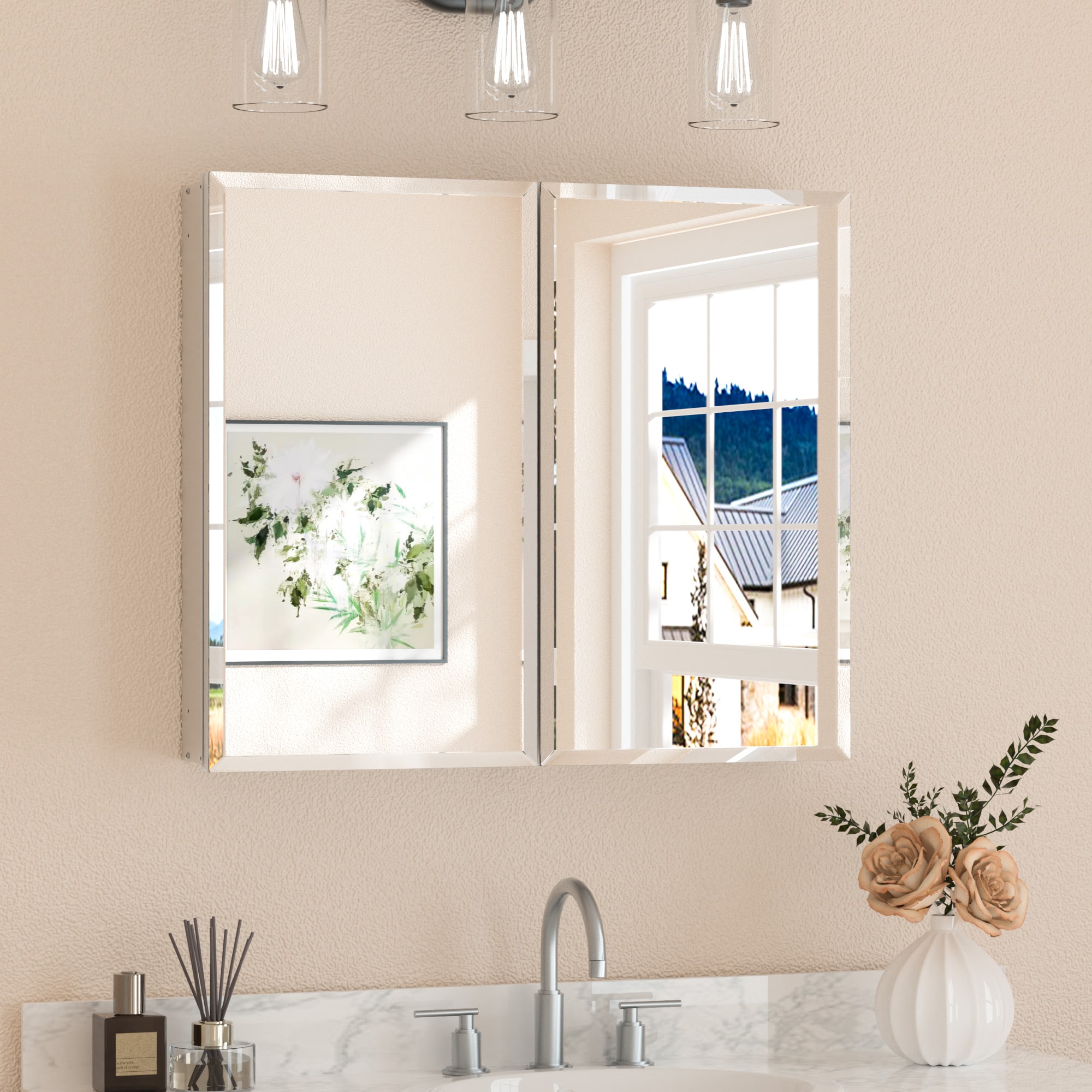 Keonjinn LW-JG-FJXP-7666-SI 30-in x 26-in Surface/Recessed Mount Sliver Mirrored Rectangle Soft Close Medicine Cabinet