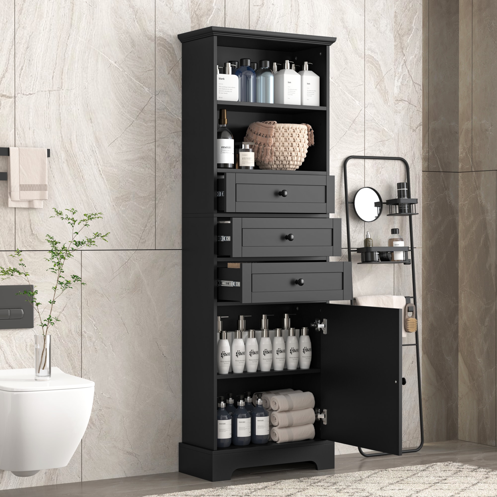 LOVMOR SF-L-WF323347AAB Black Tall Storage Cabinet with 3 Drawers and Adjustable Shelves for Bathroom Study Office and Interior