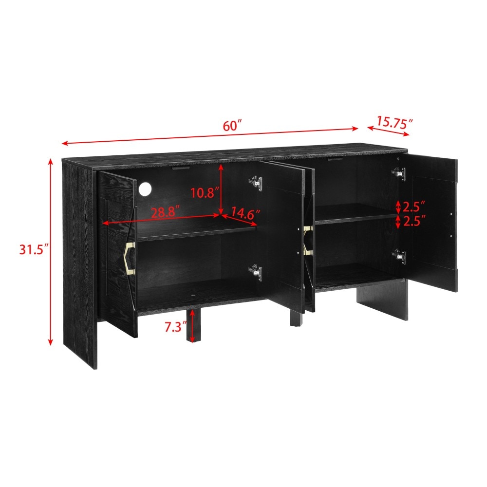 GlasFlength  60 Inch Mid Century Modern Sideboard Buffet Storage Cabinet TV Media Console with Geometric Pattern and Adjustable Shelves for Kitchen Dining Living Room Entryway Hallway Black